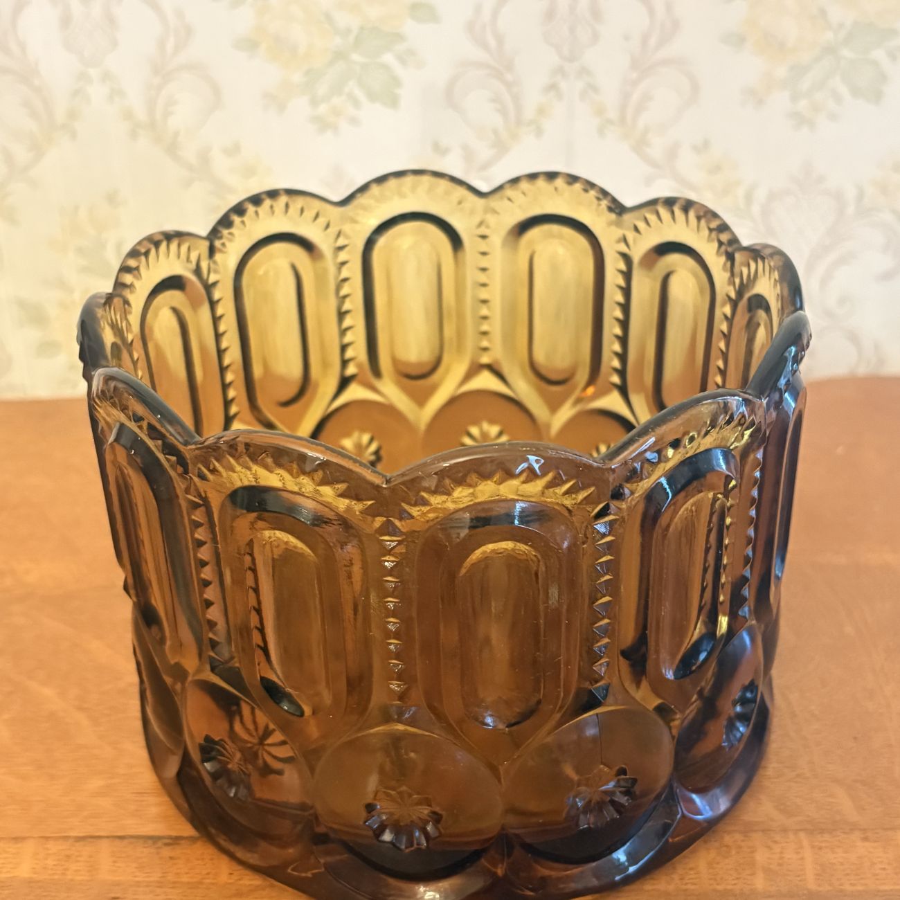 Vintage Moon and Star Pattern Amber Pressed Glass Biscuit Jar with Lid