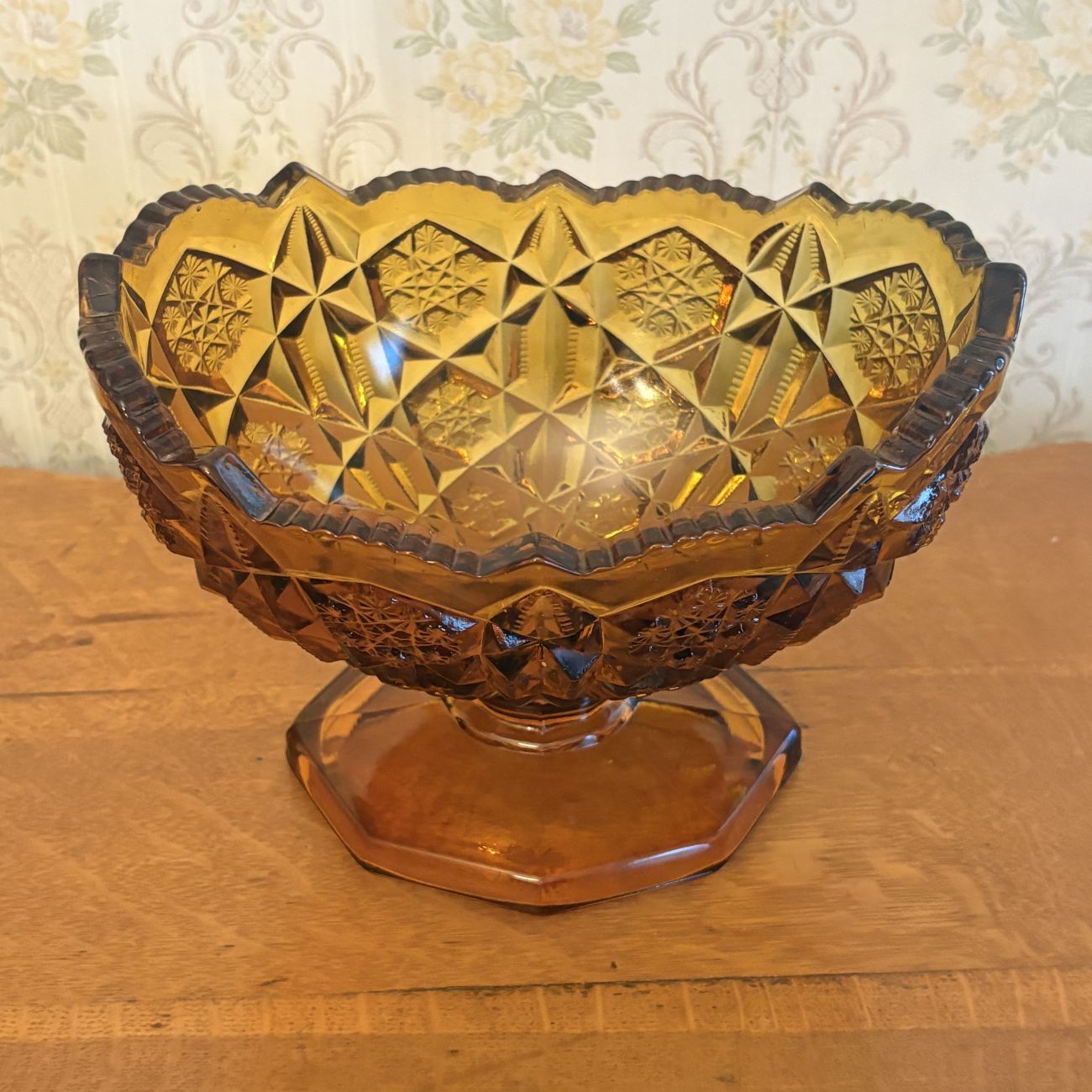 Large Amber Pressed Glass Pedestal Bowl with Star and Cane Pattern
