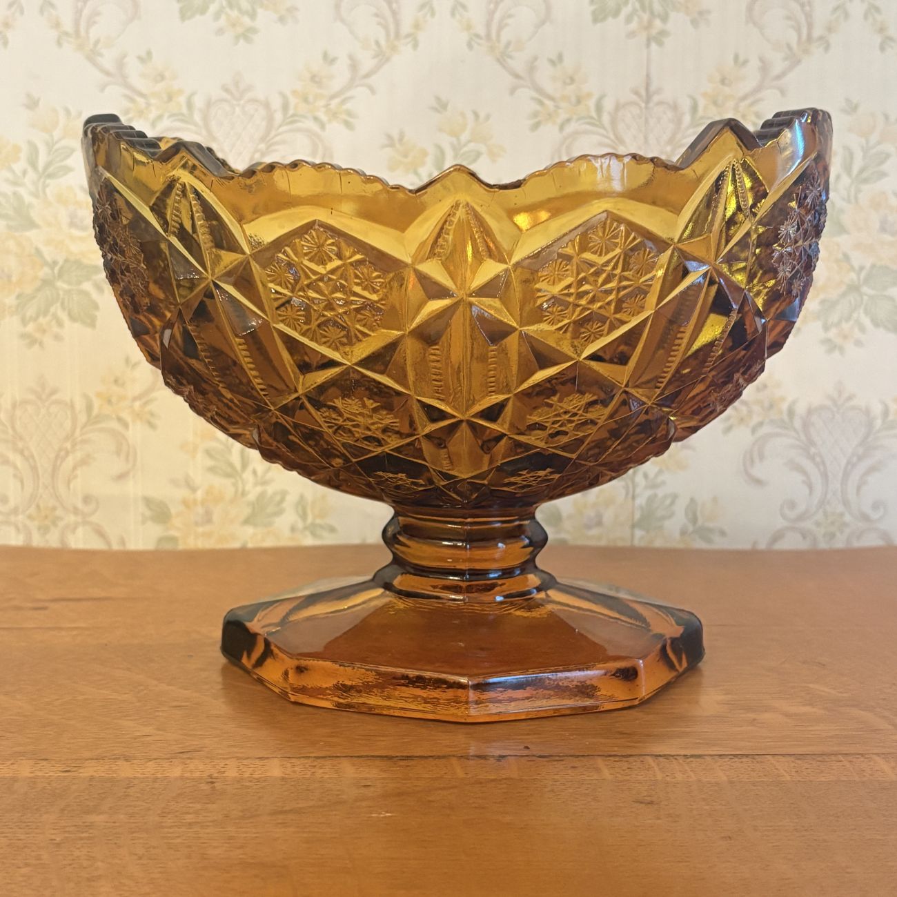 Large Amber Pressed Glass Pedestal Bowl with Star and Cane Pattern