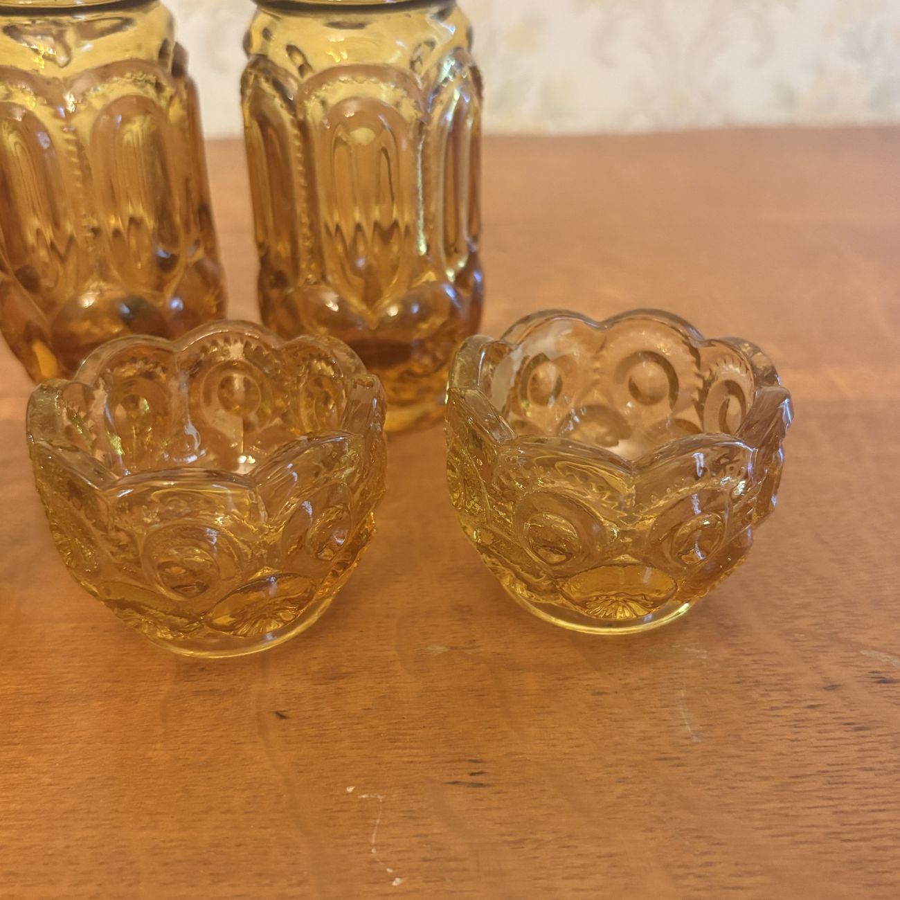 A Set of Amber Pressed Glass Moon and Star Pattern Tableware