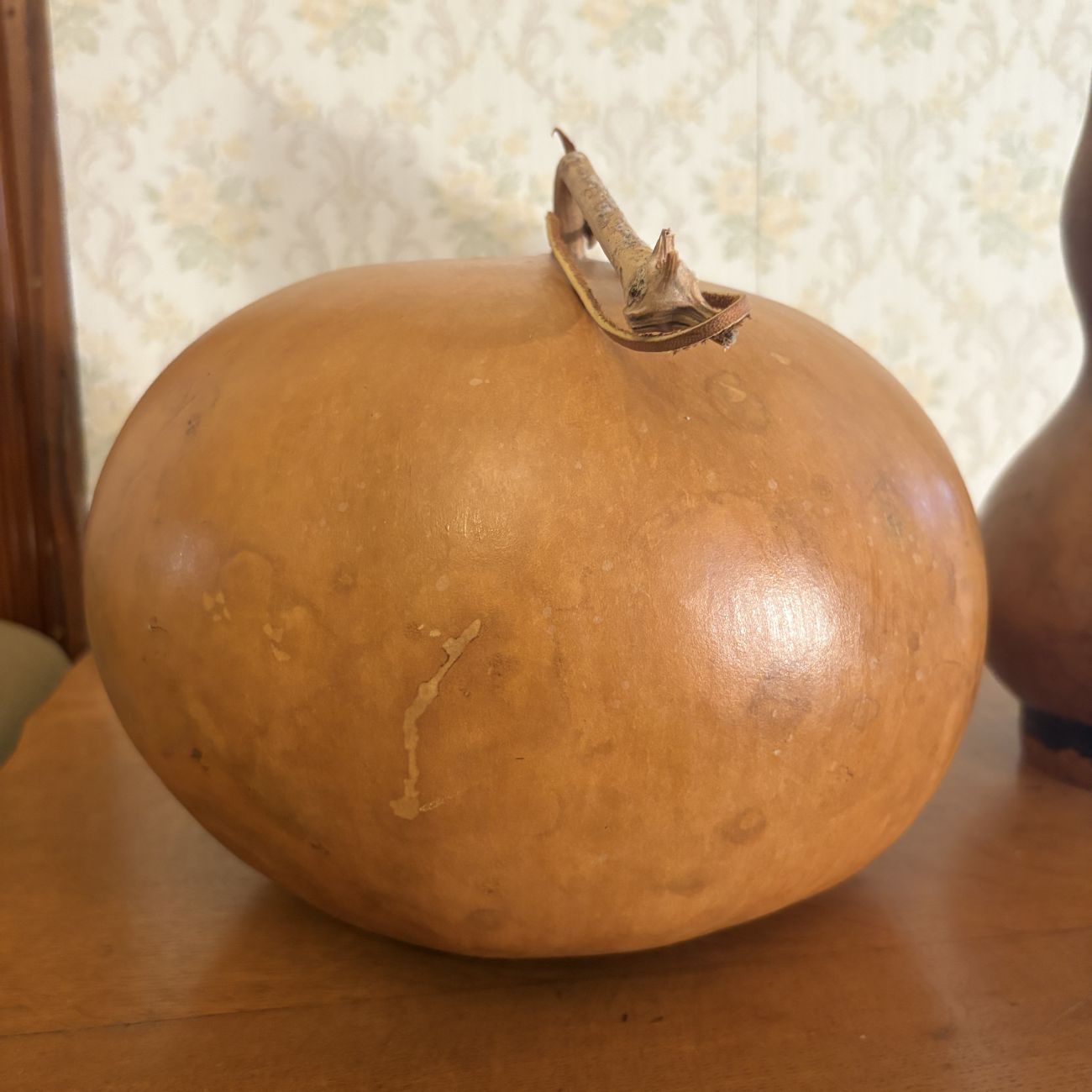Two Decorative Dried Gourd Objects Including Hand Painted Birdhouse and Pitcher