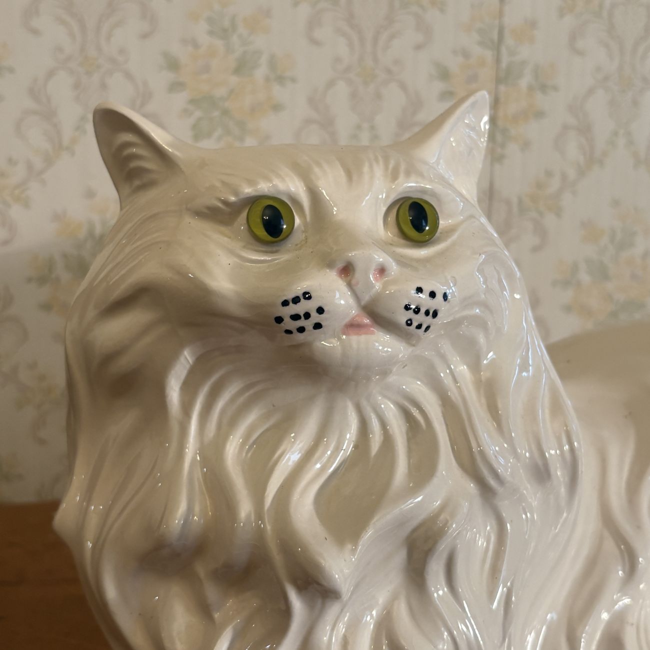 Large Mid Century Glazed Ceramic Long Haired Persian Cat Figurine Dated 1975