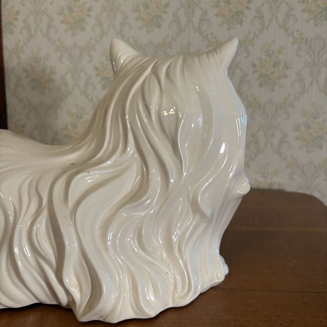 Large Mid Century Glazed Ceramic Long Haired Persian Cat Figurine Dated 1975