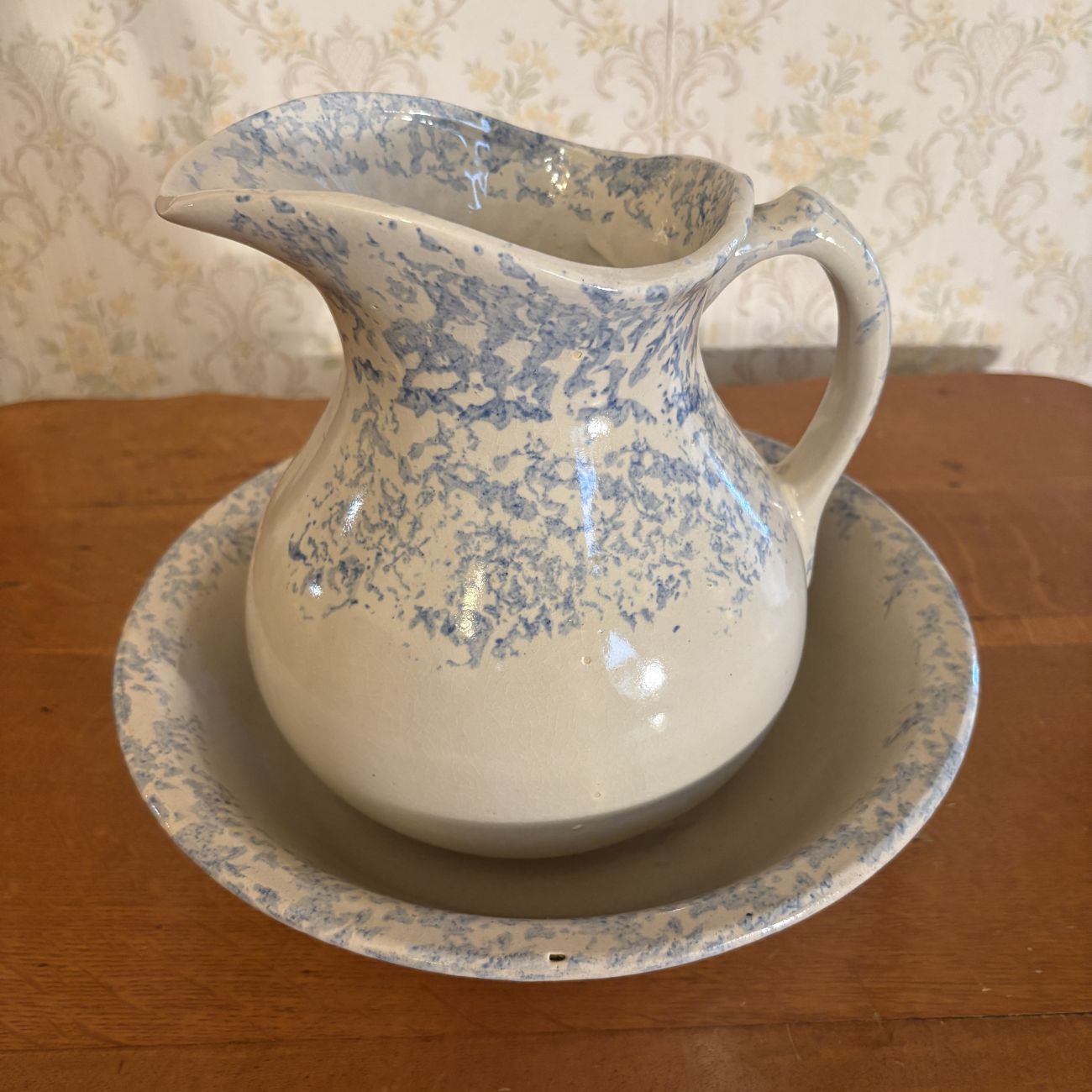 An American Spongeware Earthenware Wash Pitcher and Basin Set