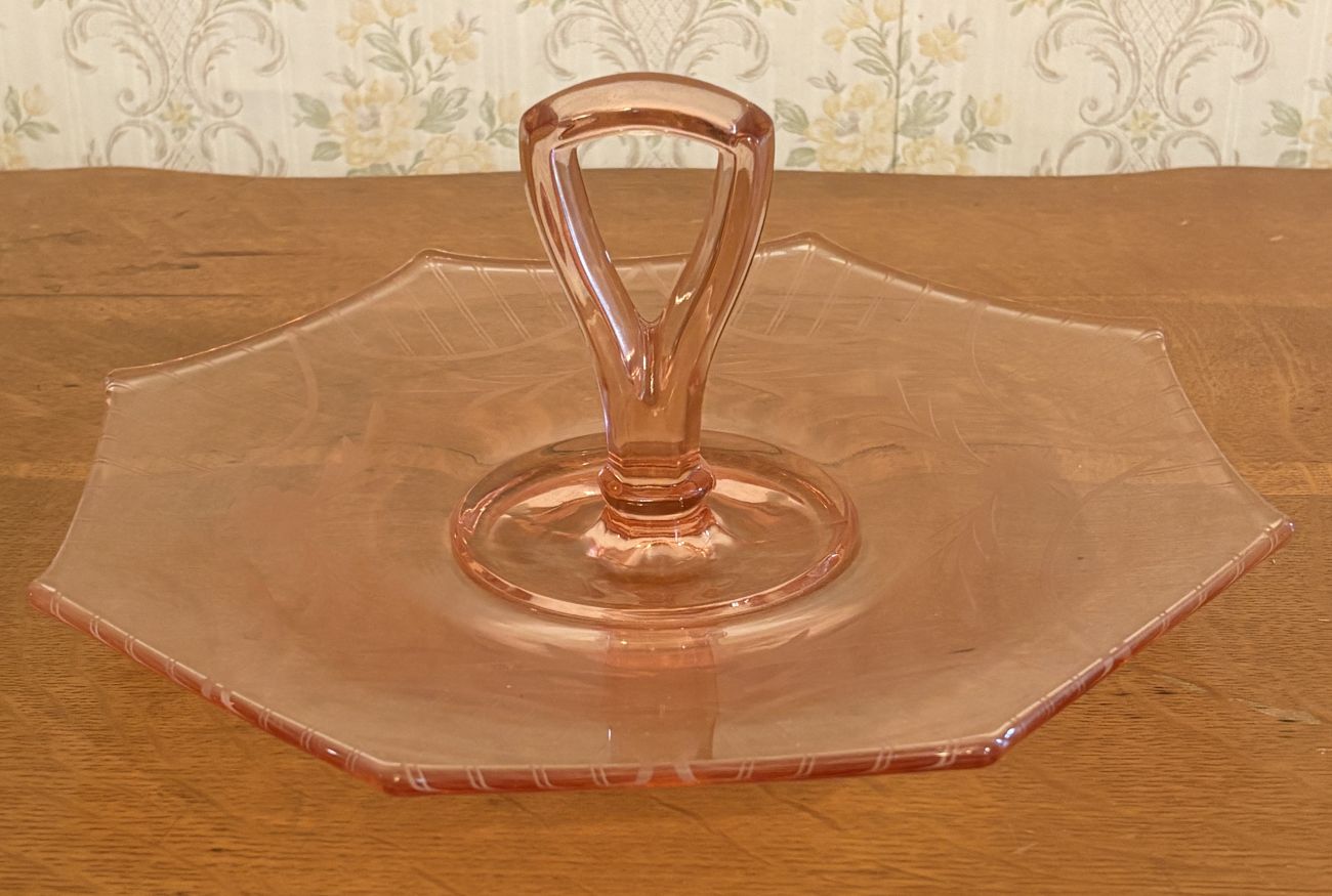 Pink Depression Glass Center Handled Octagonal Serving Tray with Floral Etching