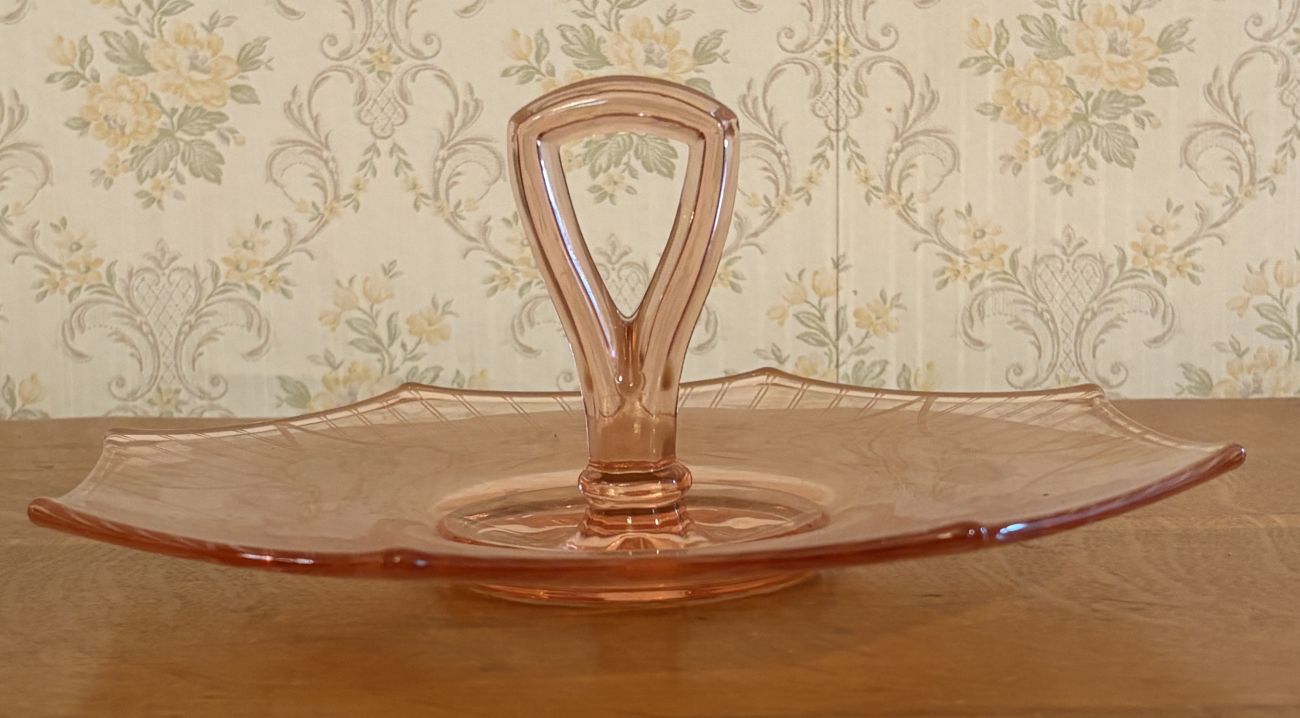 Pink Depression Glass Center Handled Octagonal Serving Tray with Floral Etching