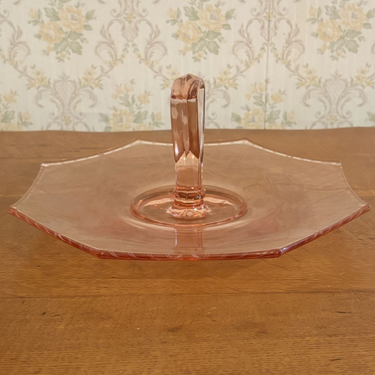 Pink Depression Glass Center Handled Octagonal Serving Tray with Floral Etching