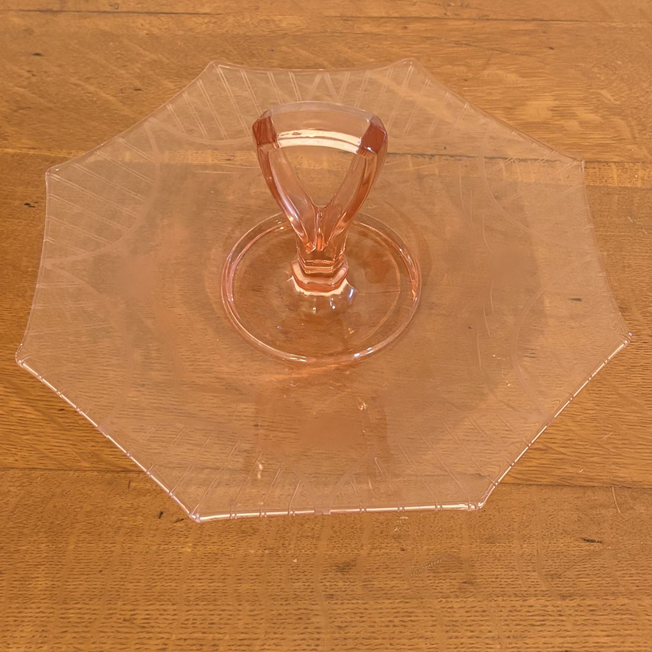Pink Depression Glass Center Handled Octagonal Serving Tray with Floral Etching