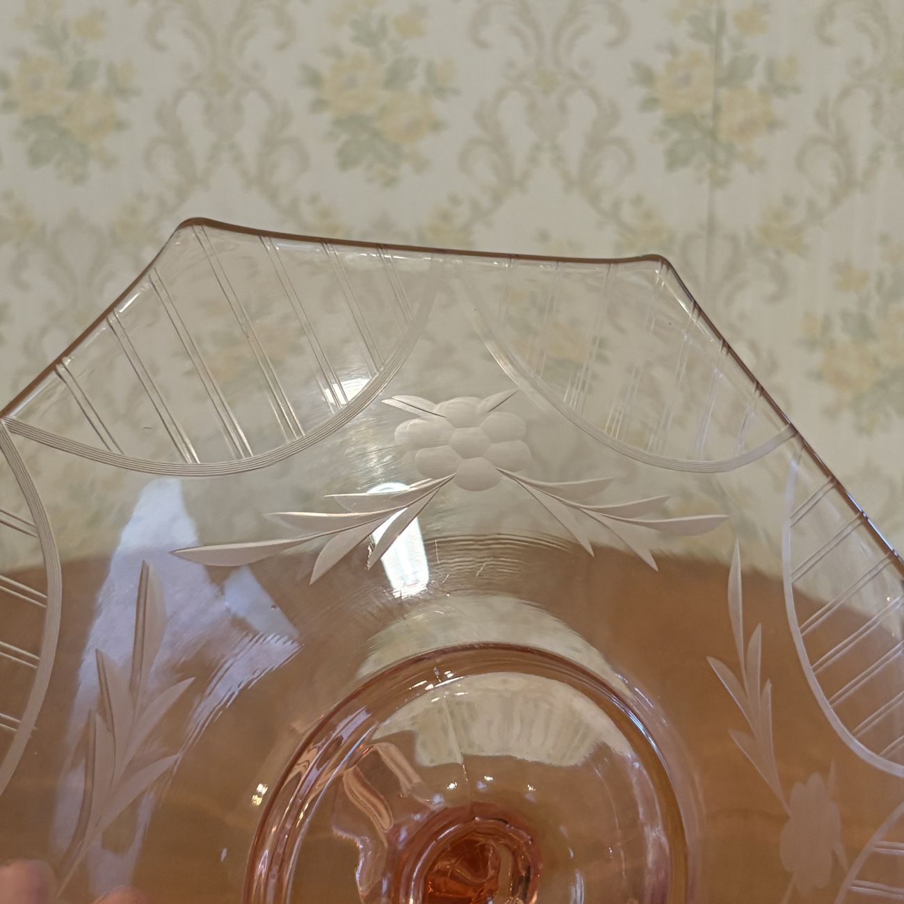 Pink Depression Glass Center Handled Octagonal Serving Tray with Floral Etching