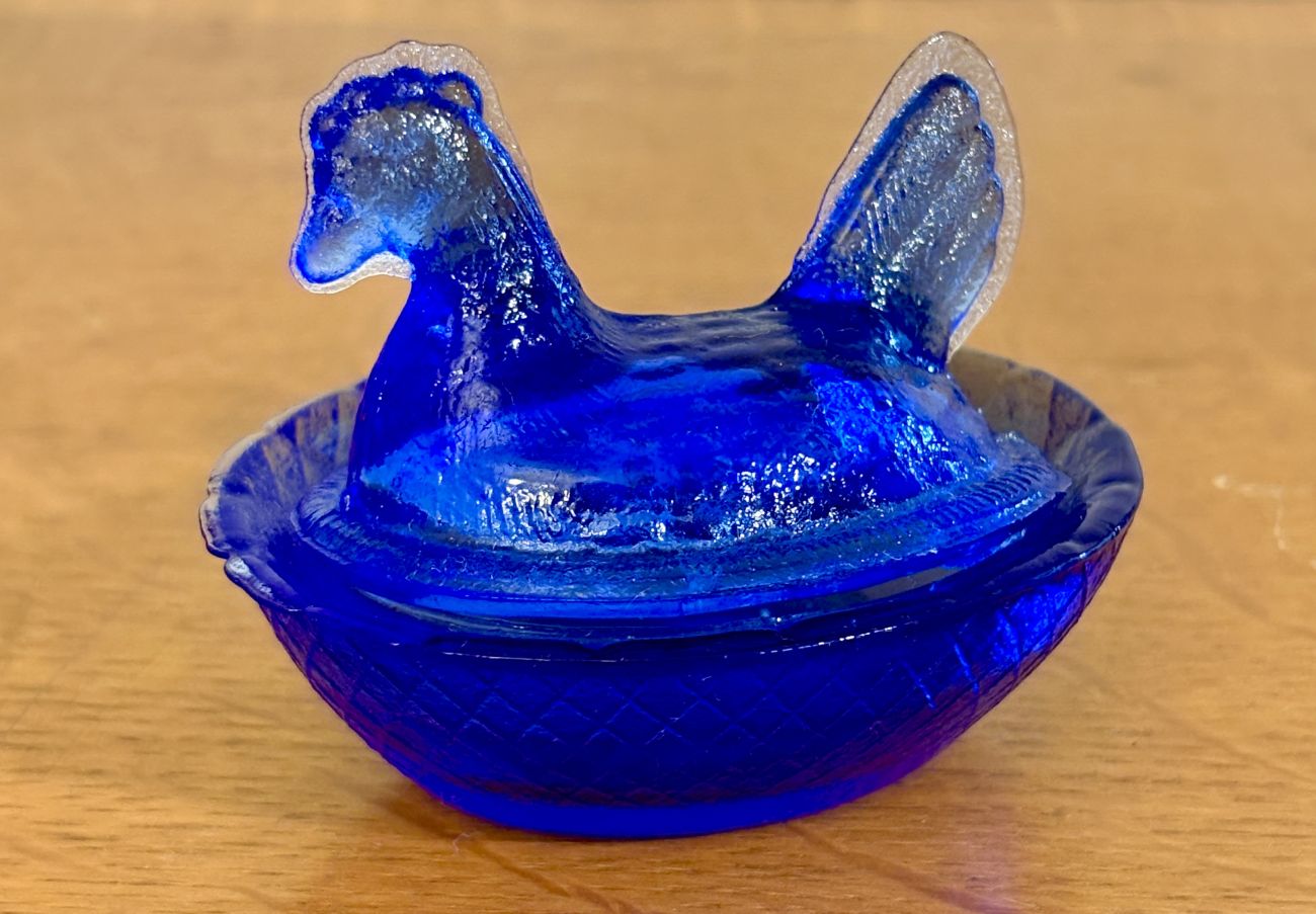 Cobalt Blue Pressed Glass Miniature Hen on a Nest Covered Dish