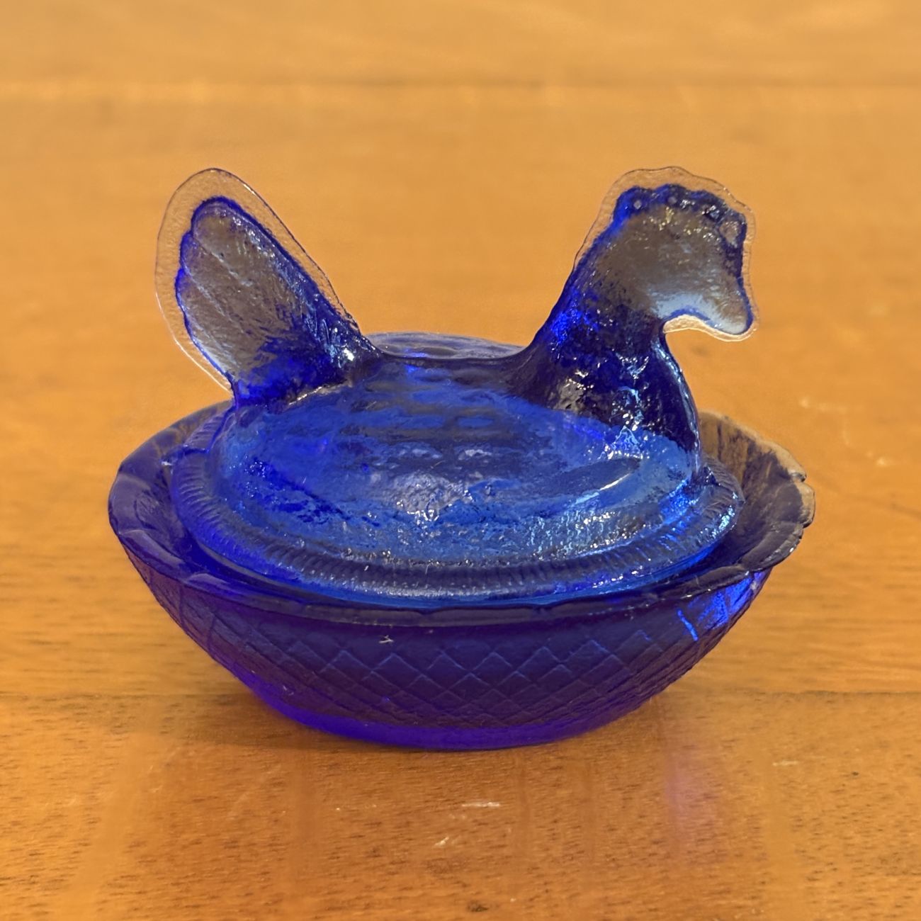 Cobalt Blue Pressed Glass Miniature Hen on a Nest Covered Dish