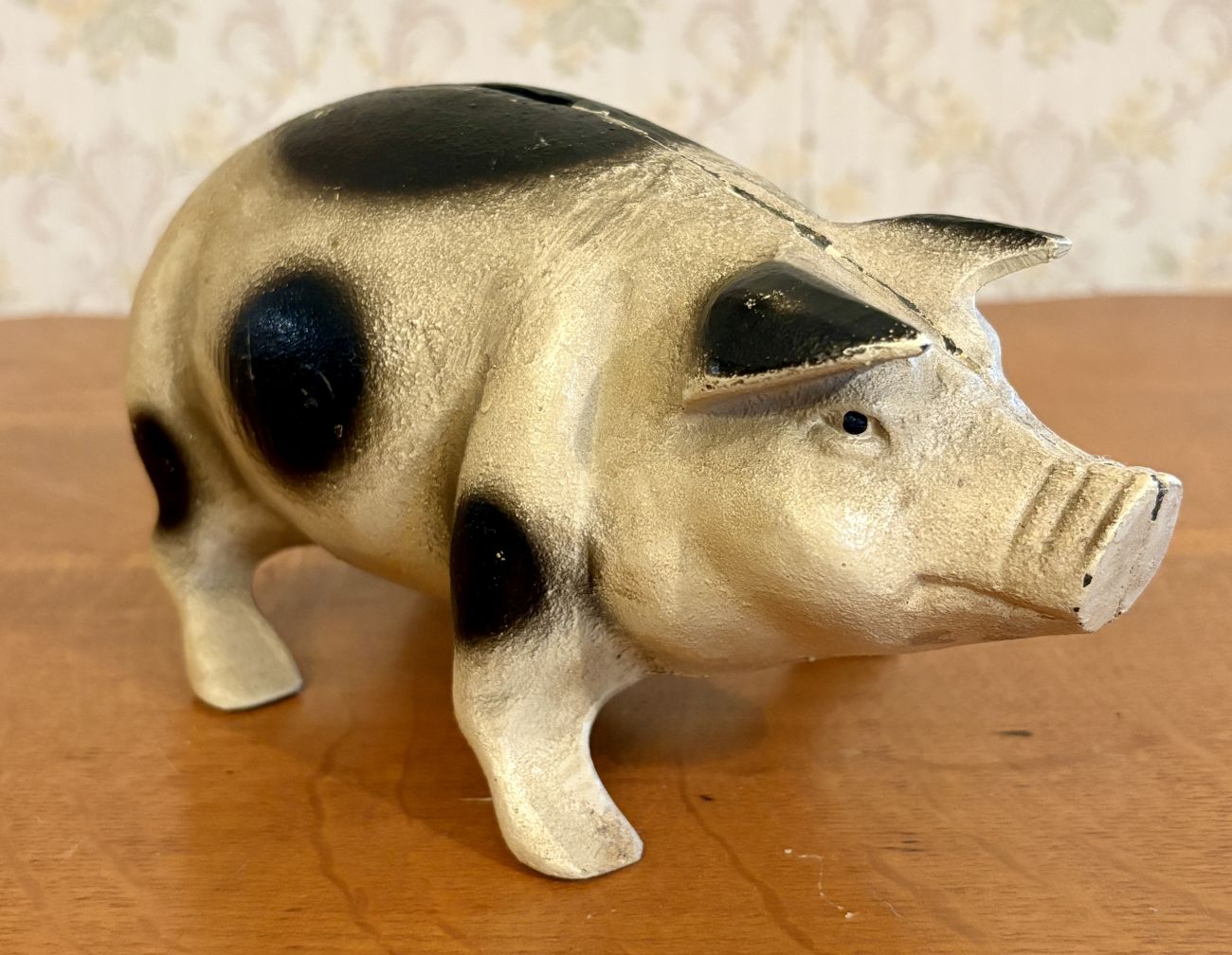 Vintage Cast Iron Standing Spotted Pig Coin Bank