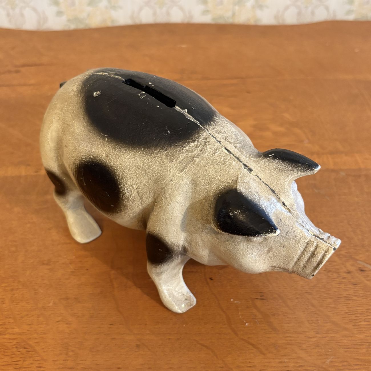 Vintage Cast Iron Standing Spotted Pig Coin Bank