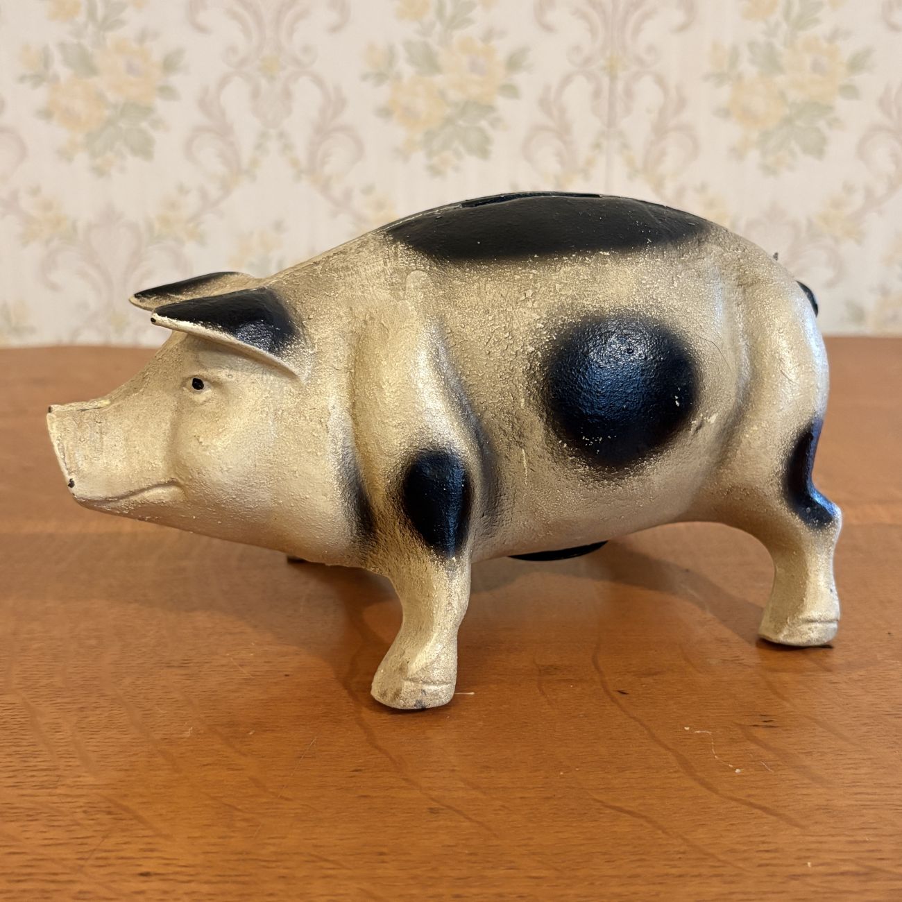 Vintage Cast Iron Standing Spotted Pig Coin Bank
