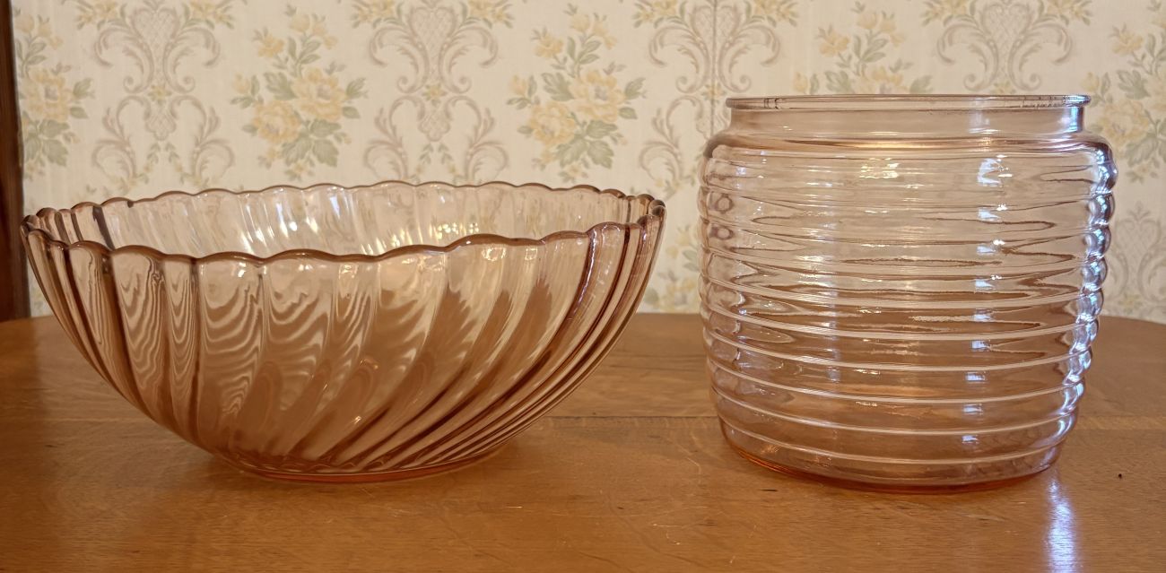 Two Pieces of Pink Ribbed and Swirl Pattern Glassware