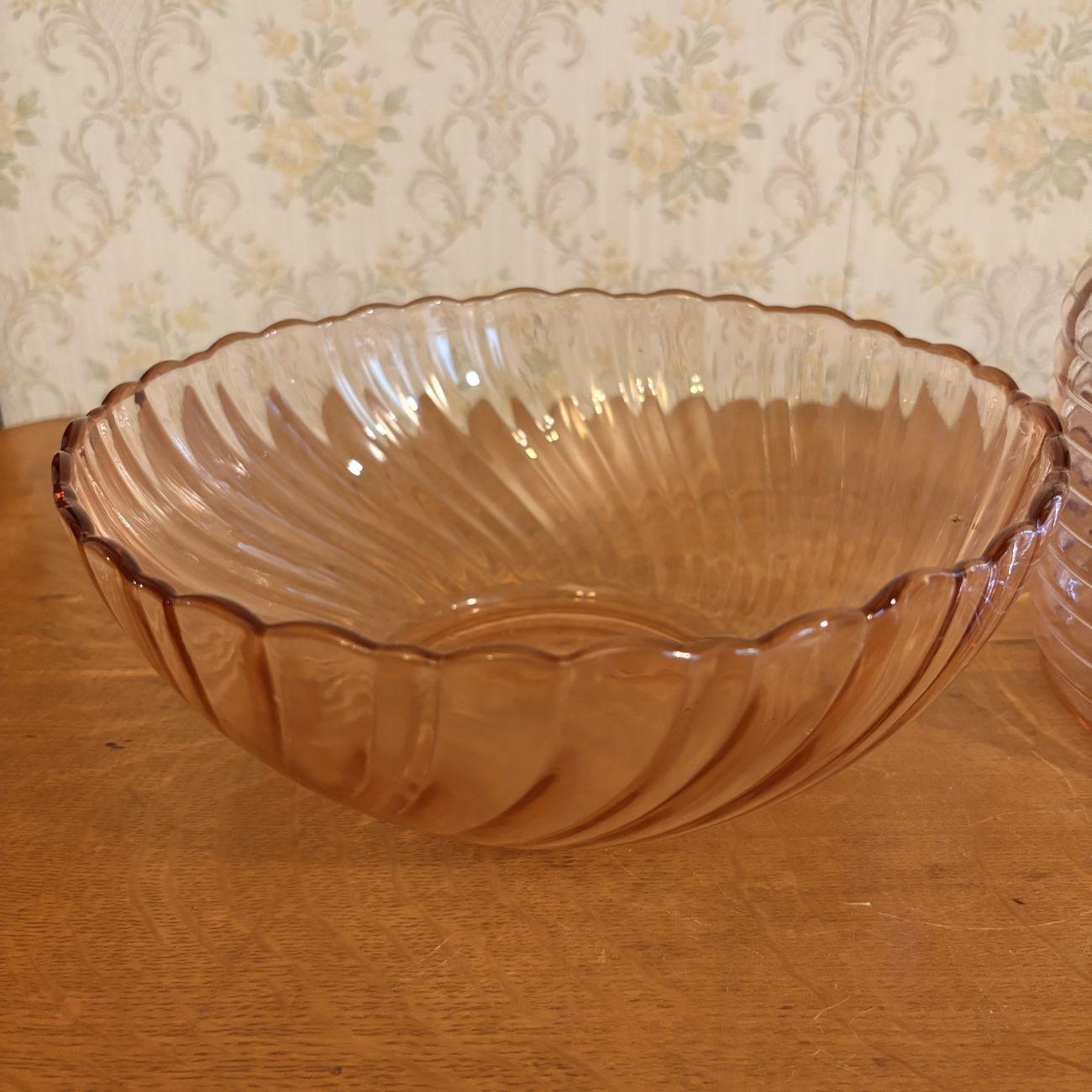 Two Pieces of Pink Ribbed and Swirl Pattern Glassware