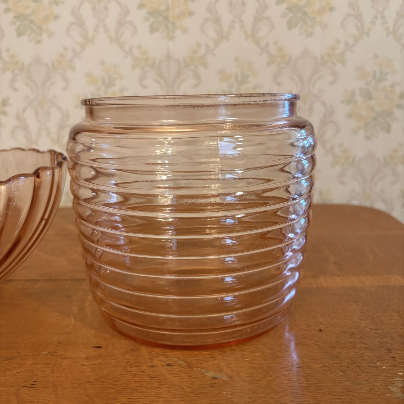 Two Pieces of Pink Ribbed and Swirl Pattern Glassware