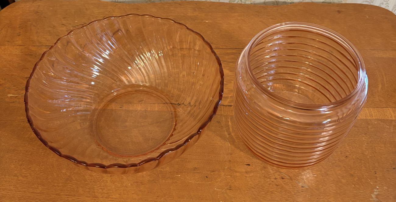 Two Pieces of Pink Ribbed and Swirl Pattern Glassware