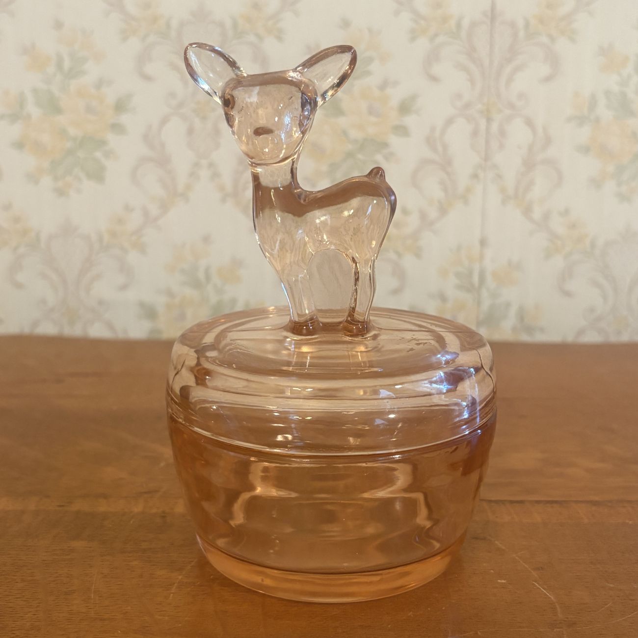 Pink Pressed Glass Covered Powder Jar with Deer Finial