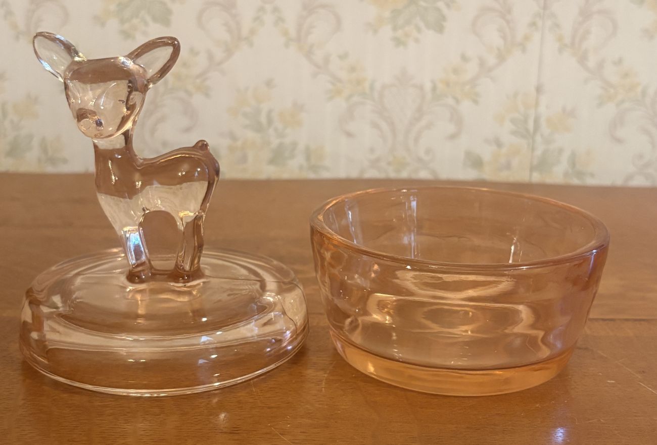 Pink Pressed Glass Covered Powder Jar with Deer Finial