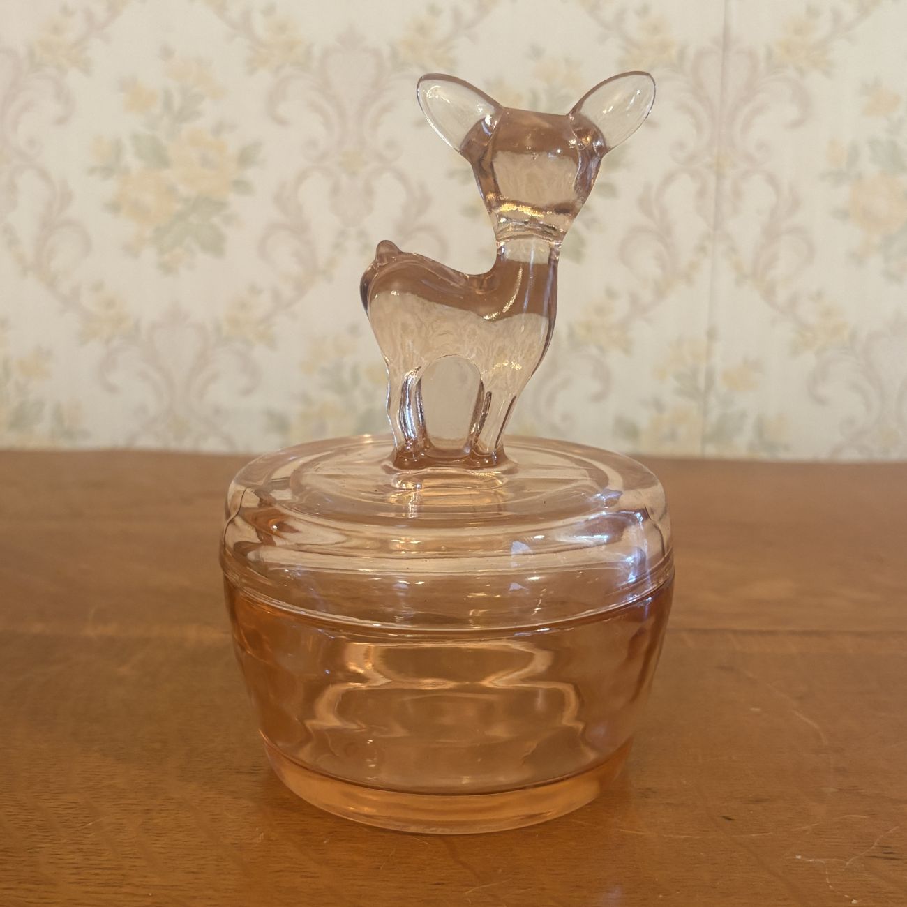 Pink Pressed Glass Covered Powder Jar with Deer Finial
