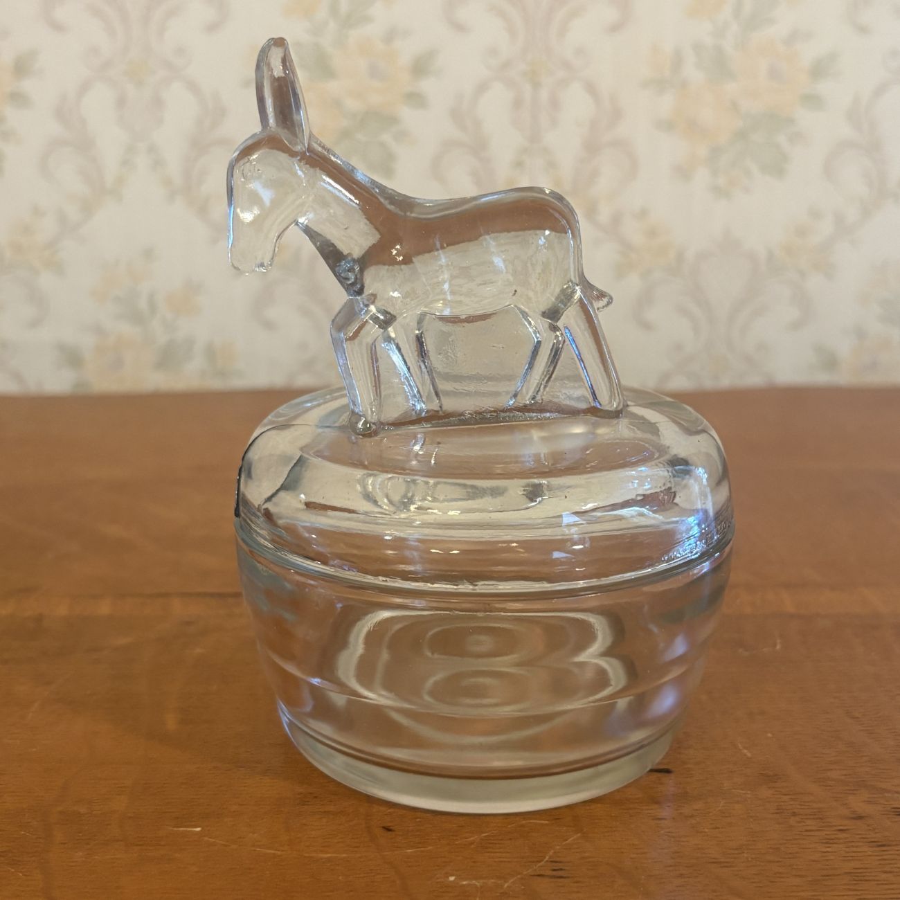 Vintage Pressed Clear Glass Covered Jar with Standing Donkey Finial
