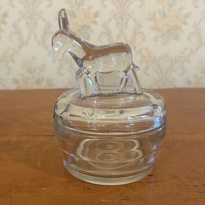 Vintage Pressed Clear Glass Covered Jar with Standing Donkey Finial. This two-piece clear 