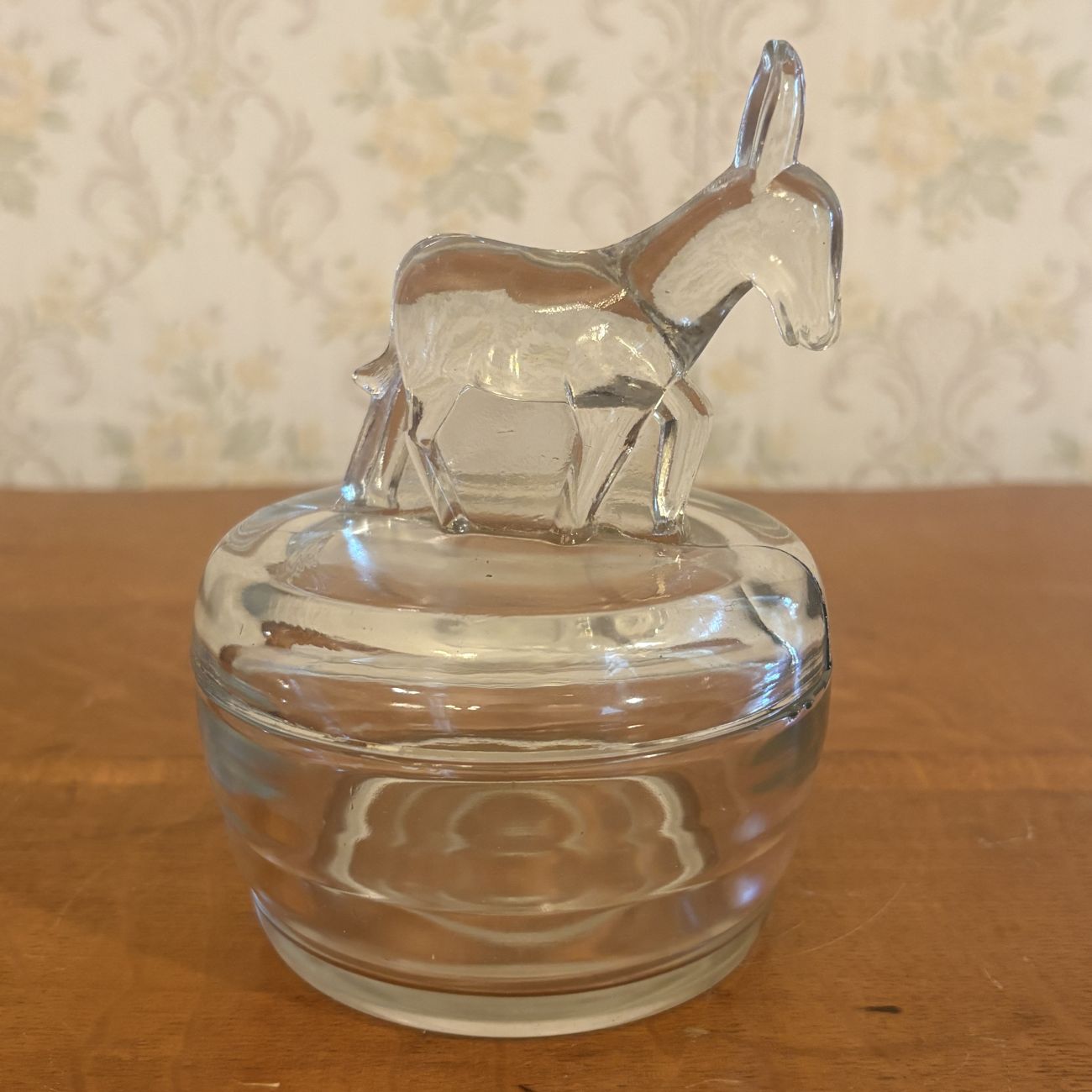 Vintage Pressed Clear Glass Covered Jar with Standing Donkey Finial