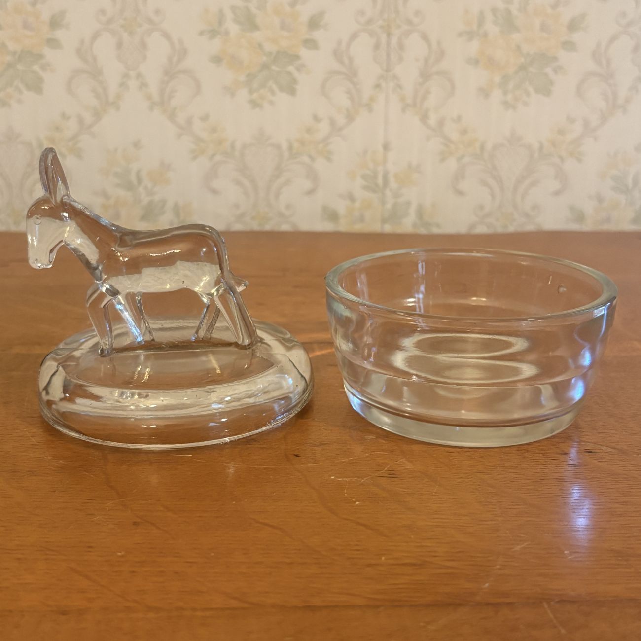 Vintage Pressed Clear Glass Covered Jar with Standing Donkey Finial