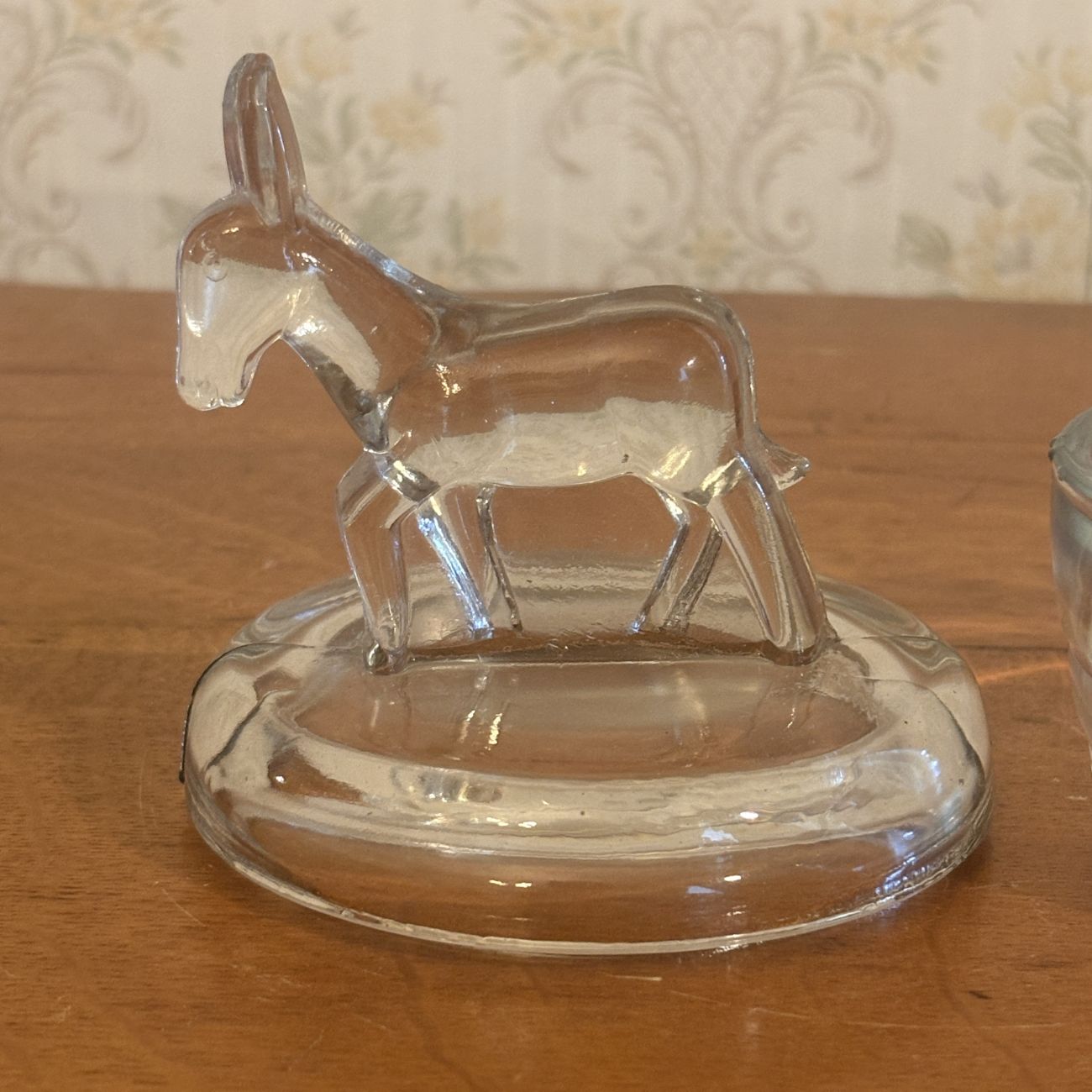 Vintage Pressed Clear Glass Covered Jar with Standing Donkey Finial