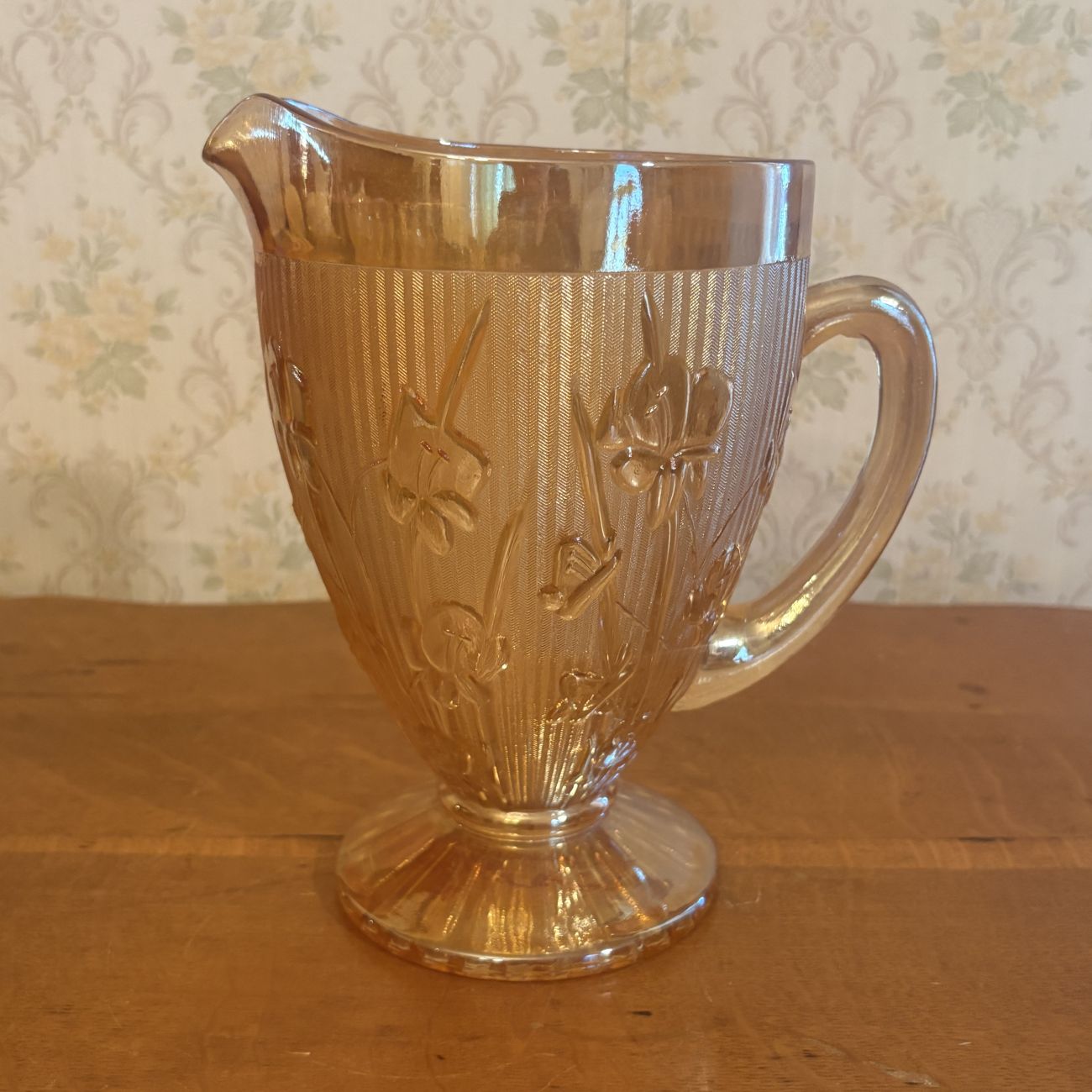 Marigold Iridescent Iris and Herringbone Pattern Glass Footed Pitcher