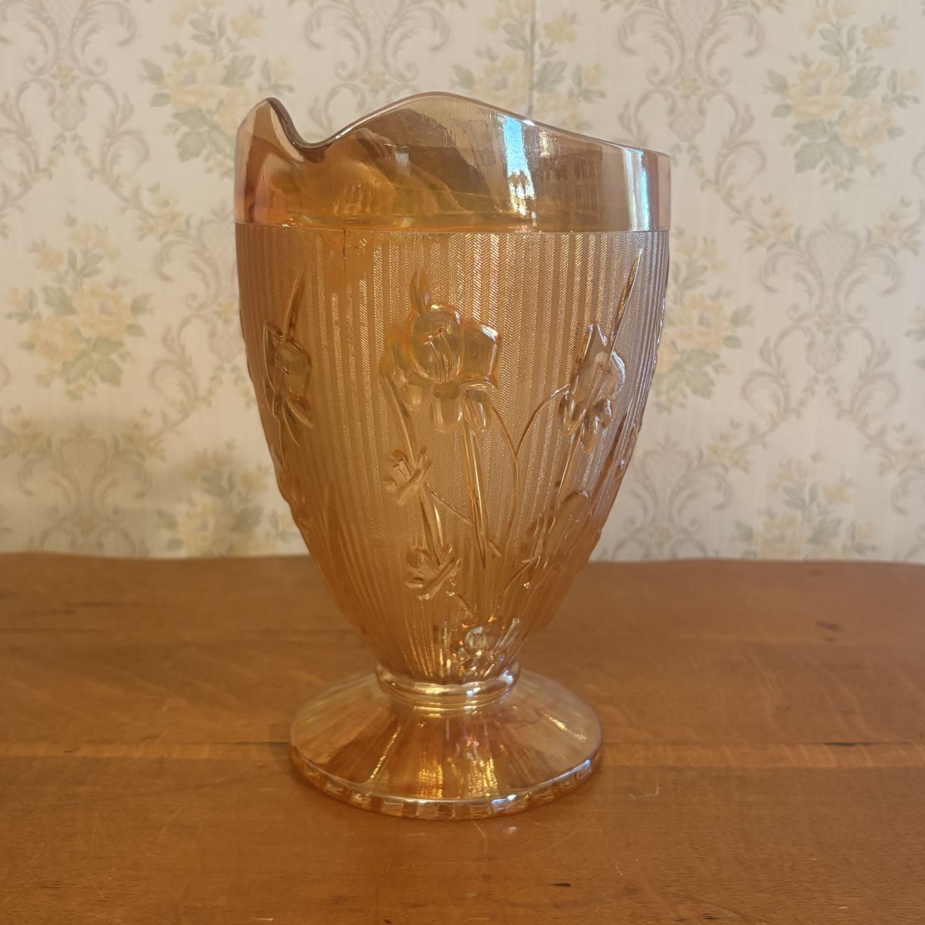 Marigold Iridescent Iris and Herringbone Pattern Glass Footed Pitcher