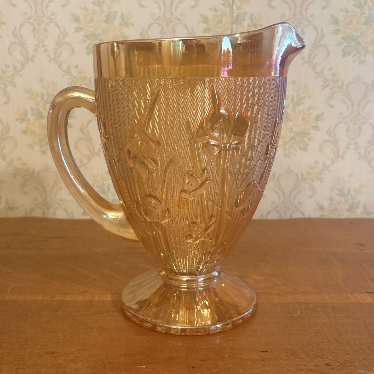 Marigold Iridescent Iris and Herringbone Pattern Glass Footed Pitcher