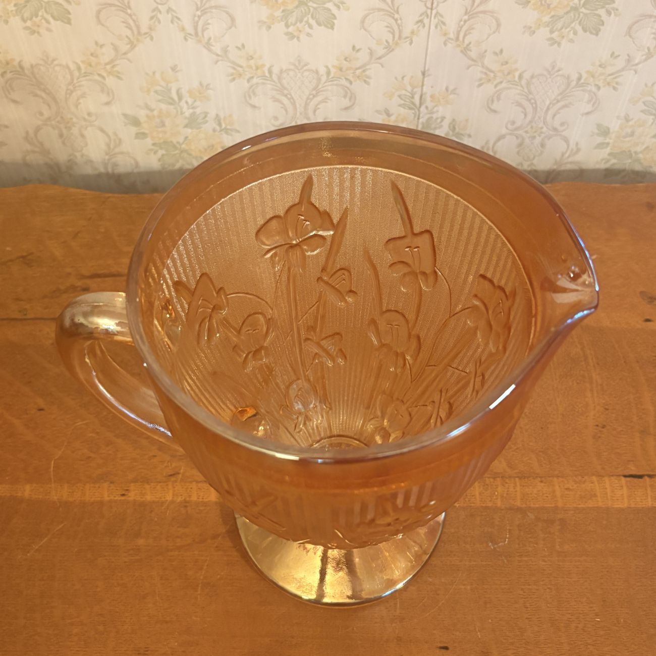 Marigold Iridescent Iris and Herringbone Pattern Glass Footed Pitcher