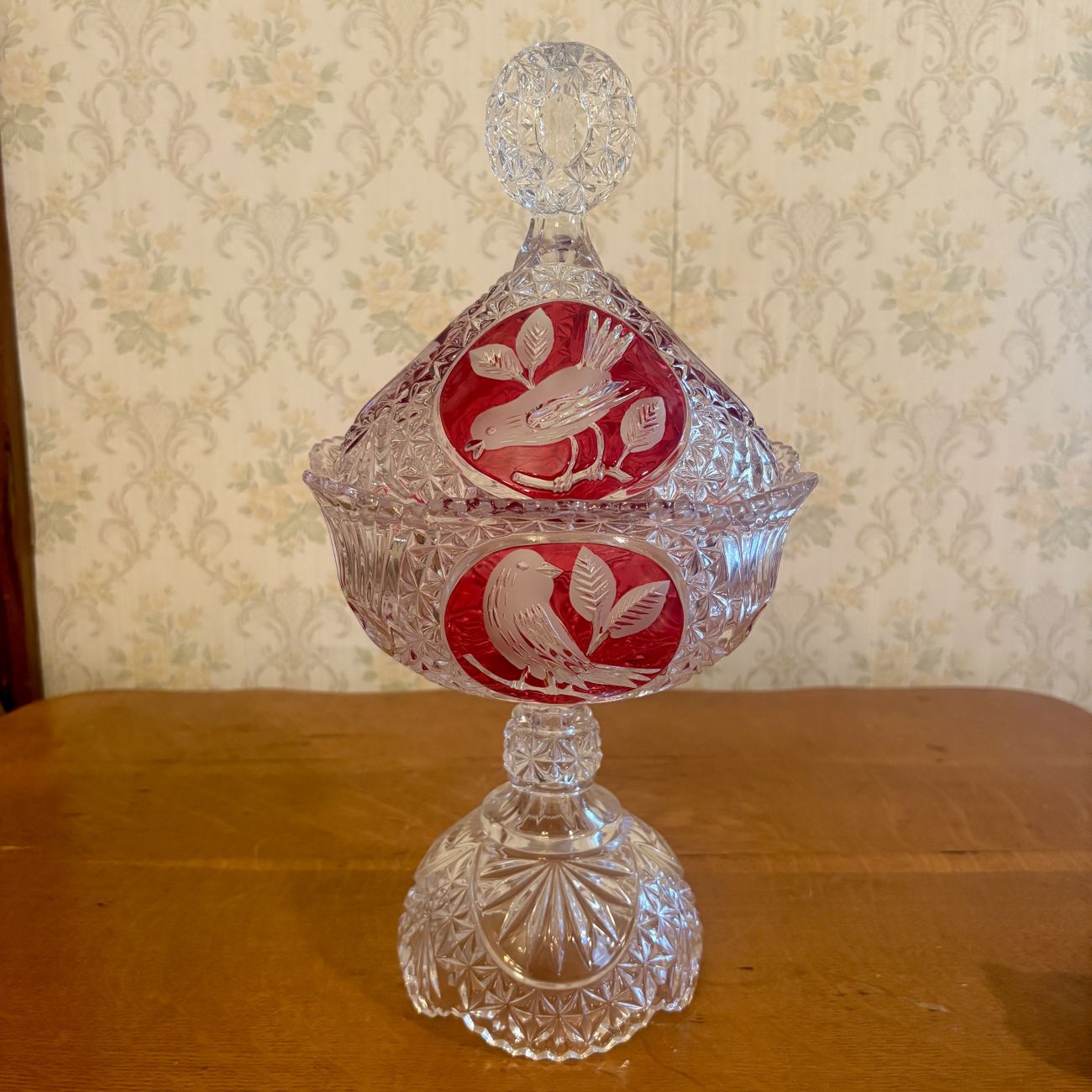 Two Piece Lead Crystal Covered Compote with Ruby Stained Bird Medallions