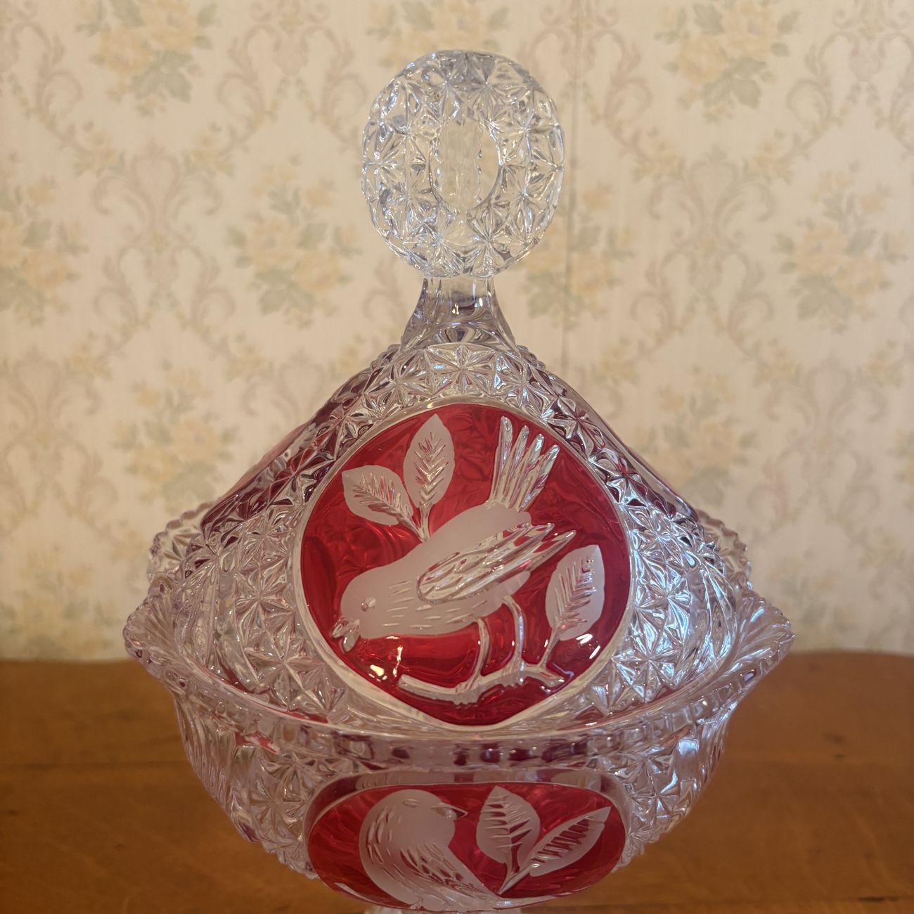 Two Piece Lead Crystal Covered Compote with Ruby Stained Bird Medallions