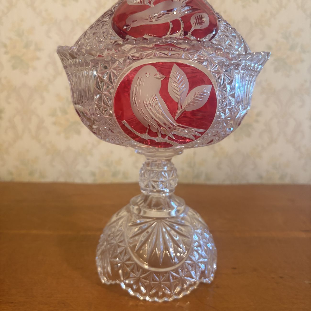 Two Piece Lead Crystal Covered Compote with Ruby Stained Bird Medallions
