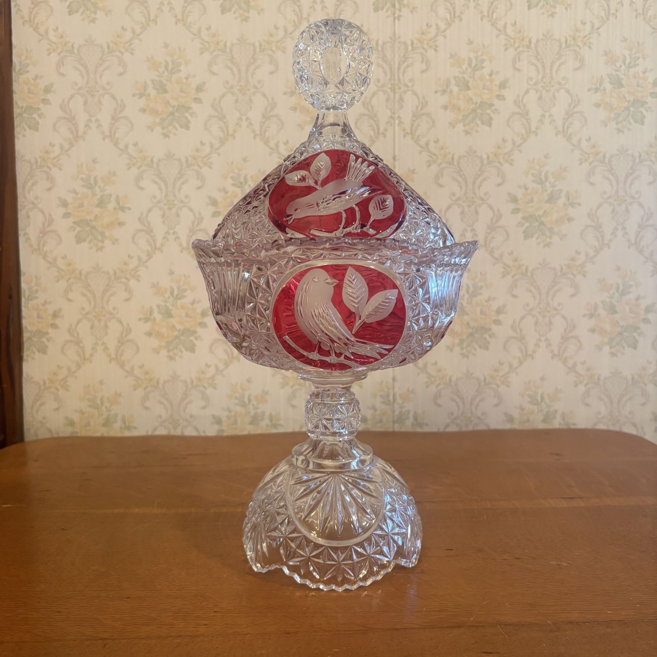 Two Piece Lead Crystal Covered Compote with Ruby Stained Bird Medallions
