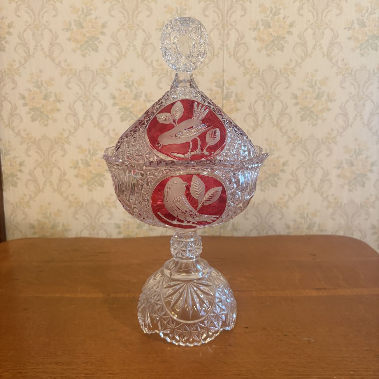 Two Piece Lead Crystal Covered Compote with Ruby Stained Bird Medallions