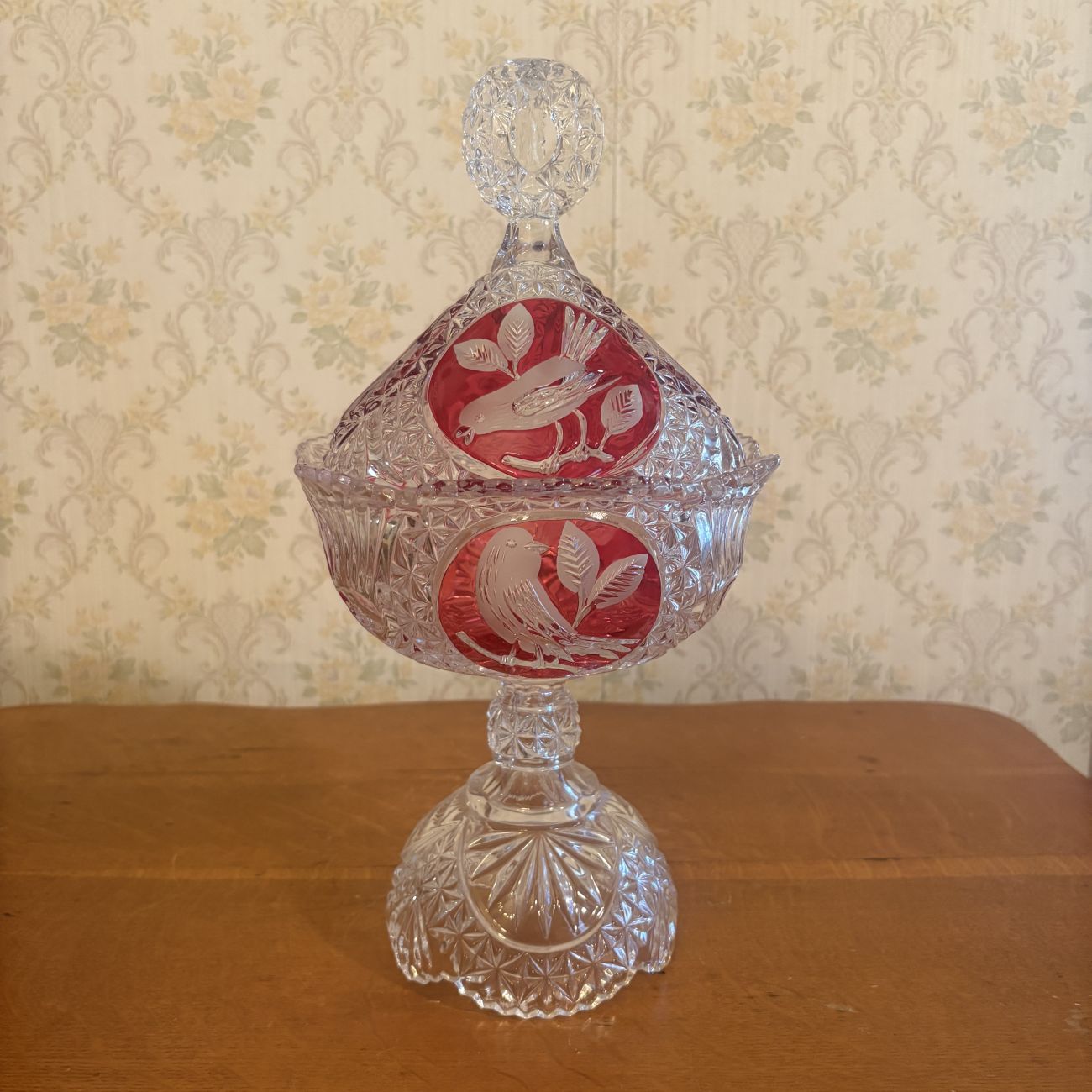 Two Piece Lead Crystal Covered Compote with Ruby Stained Bird Medallions