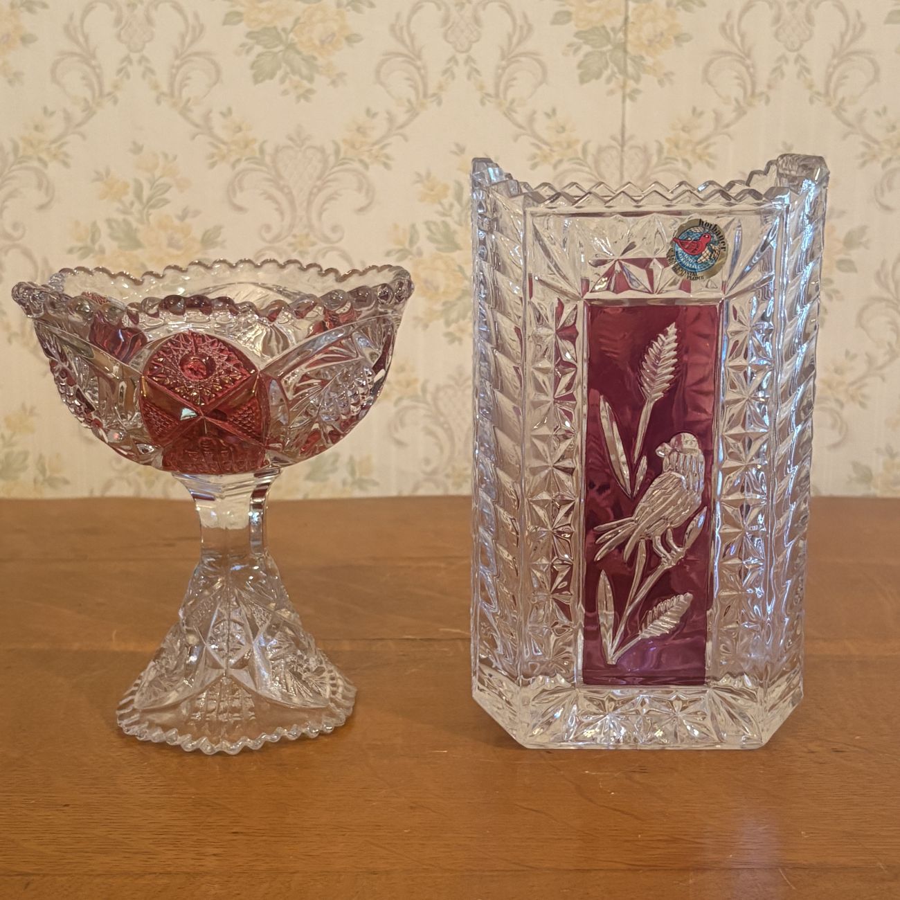 Two Pieces of Hofbauer Ruby Flashed Lead Crystal Comprising a Rectangular Vase and a Pedestal Bowl
