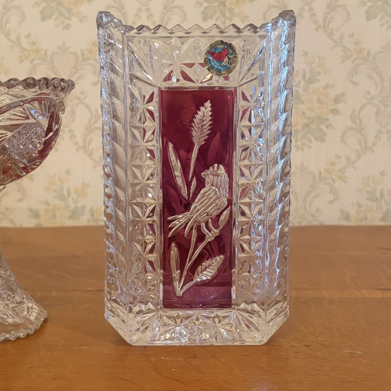 Two Pieces of Hofbauer Ruby Flashed Lead Crystal Comprising a Rectangular Vase and a Pedestal Bowl