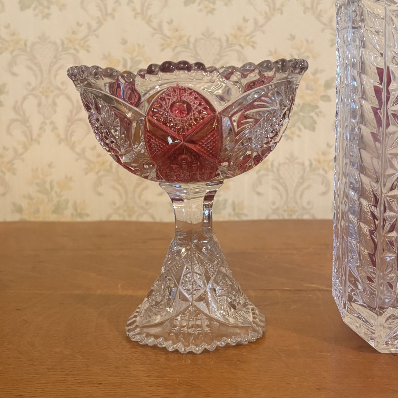 Two Pieces of Hofbauer Ruby Flashed Lead Crystal Comprising a Rectangular Vase and a Pedestal Bowl