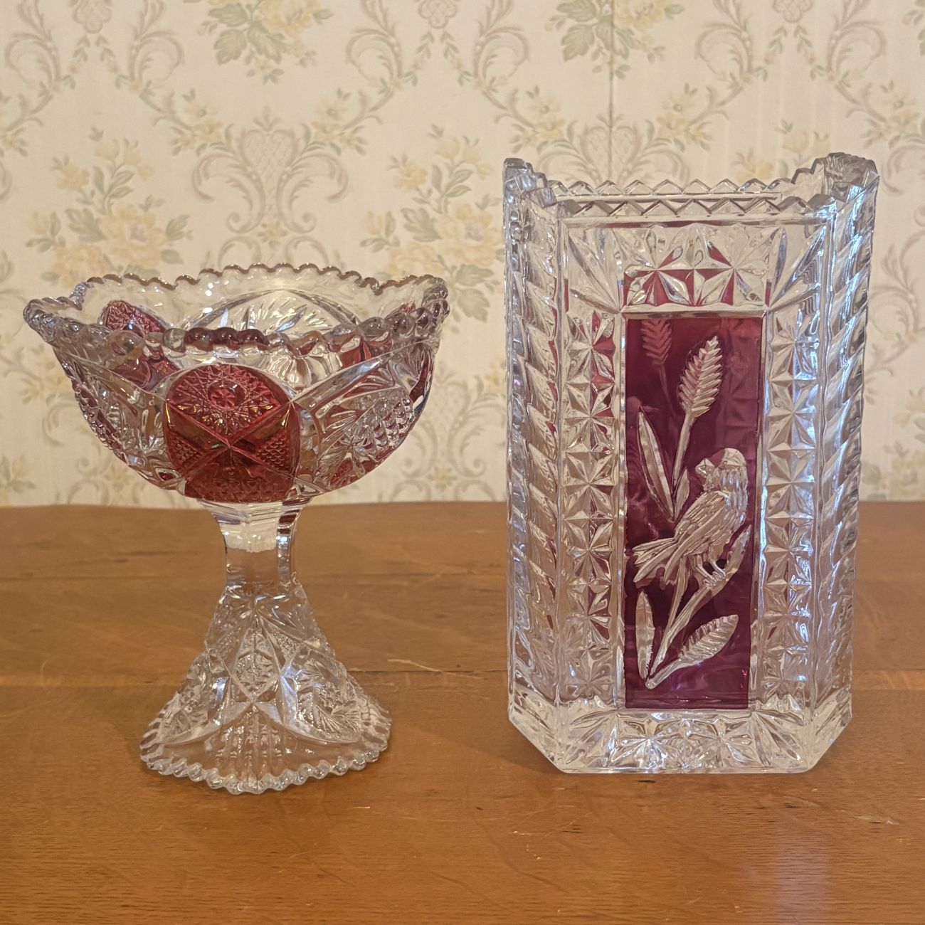 Two Pieces of Hofbauer Ruby Flashed Lead Crystal Comprising a Rectangular Vase and a Pedestal Bowl