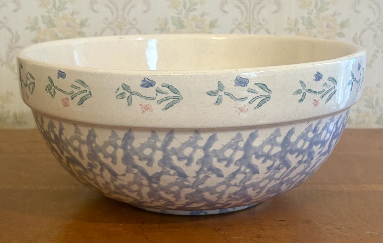 Large American Spongeware and Floral Stoneware Mixing Bowl
