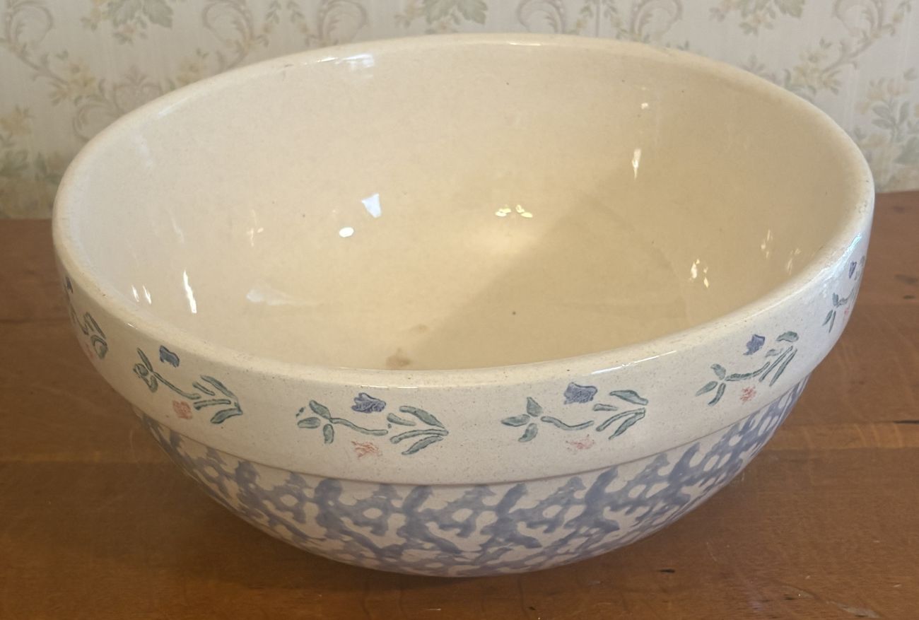 Large American Spongeware and Floral Stoneware Mixing Bowl