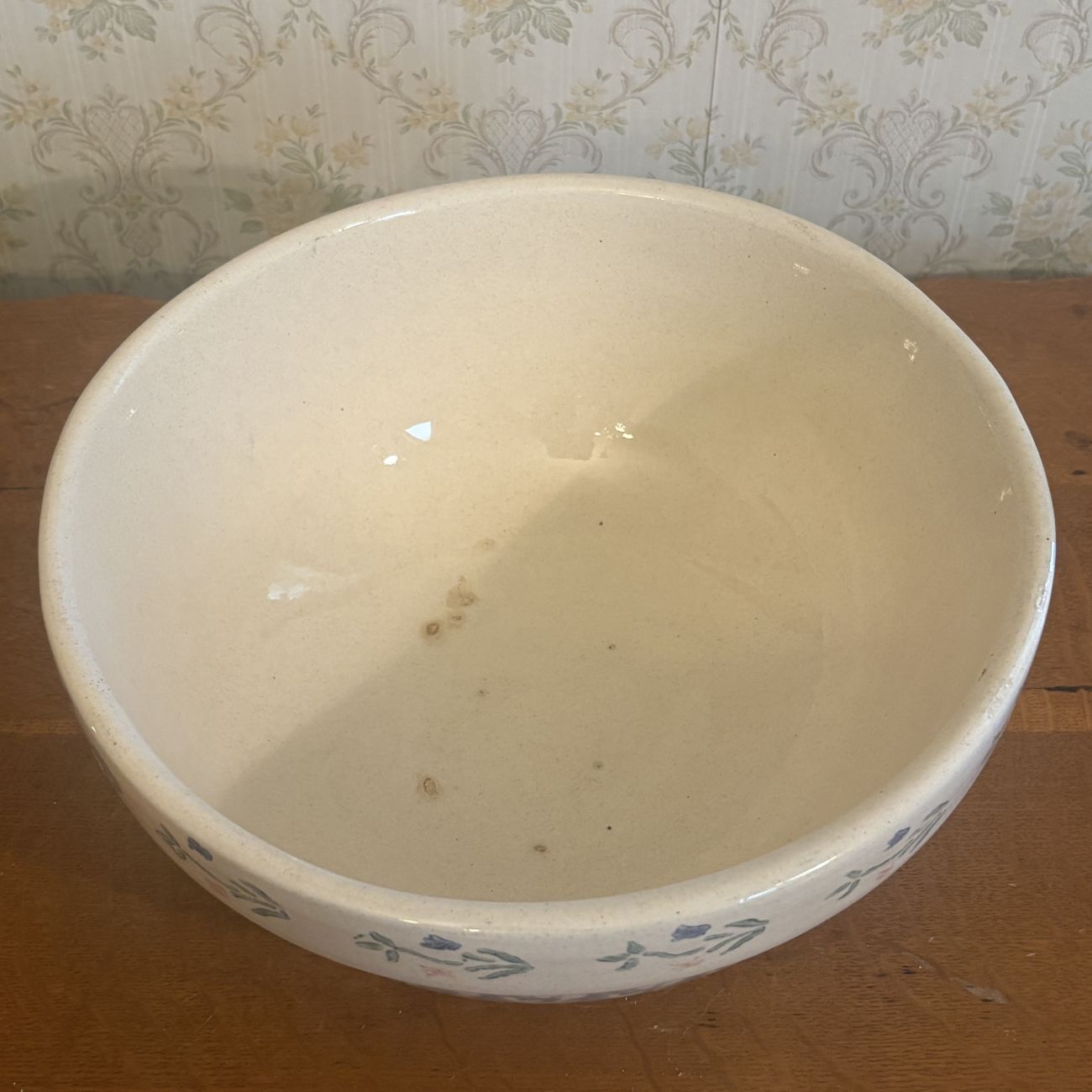 Large American Spongeware and Floral Stoneware Mixing Bowl