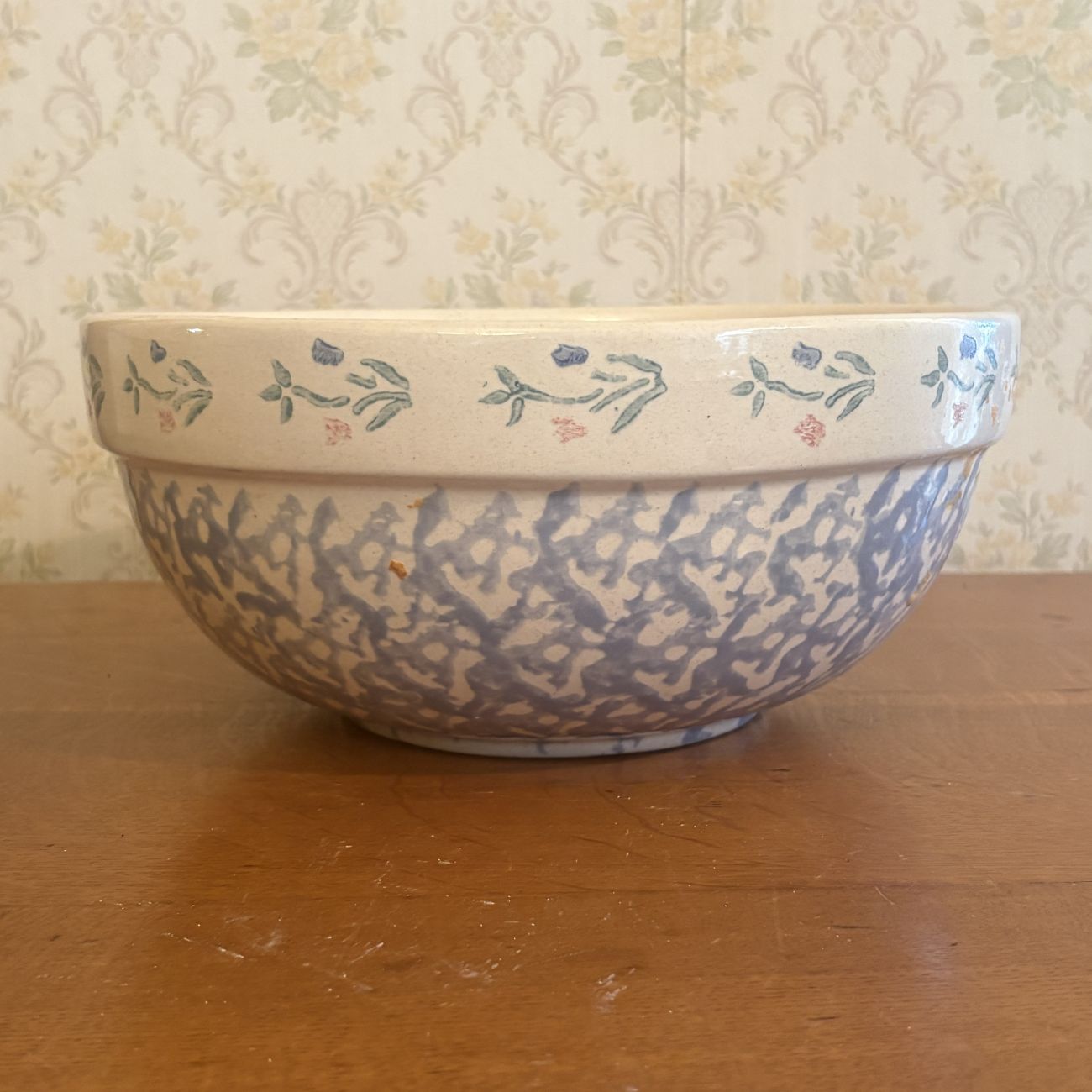 Large American Spongeware and Floral Stoneware Mixing Bowl