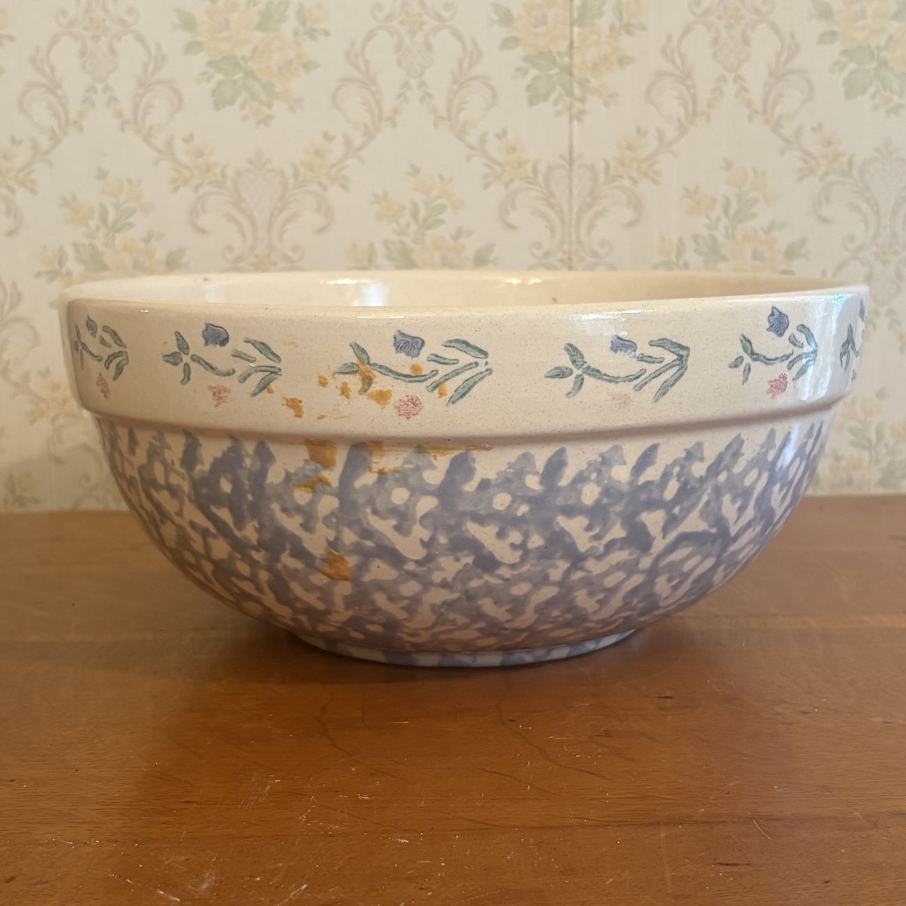Large American Spongeware and Floral Stoneware Mixing Bowl