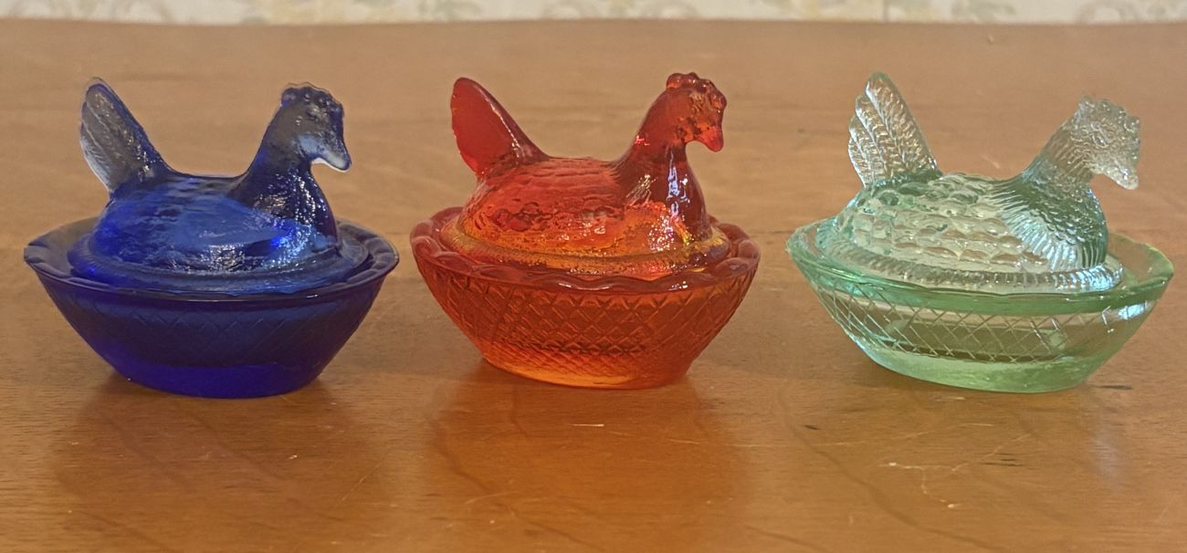 Three Miniature Pressed Glass Hen on Nest Covered Salt Cellars